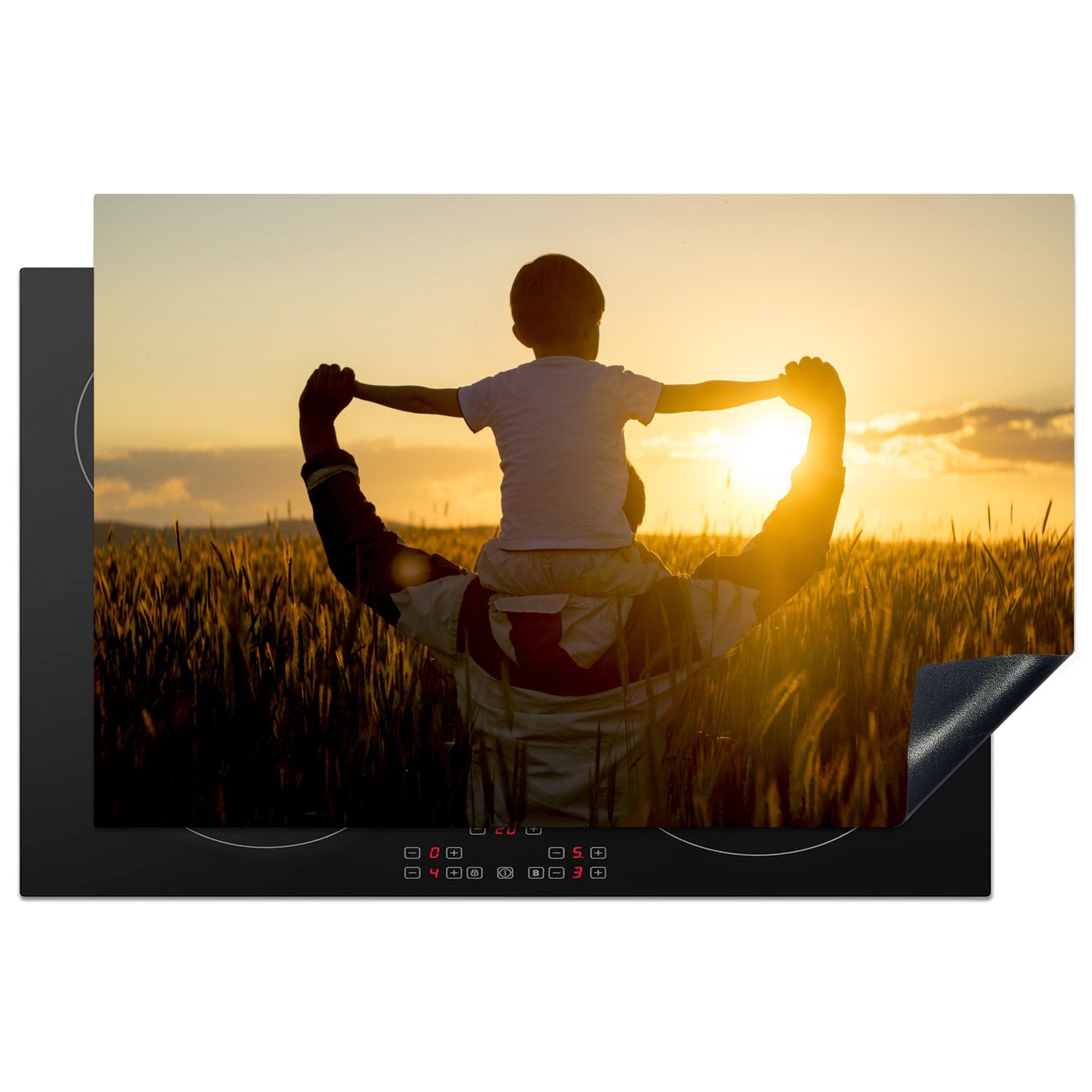 MuchoWow Herdblende-/Abdeckplatte Ein Vater mit seinem Sohn in einem Weizenfeld bei Sonnenuntergang, Vinyl, (1 tlg), 81x52 cm, Induktionskochfeld Schutz für die küche, Ceranfeldabdeckung