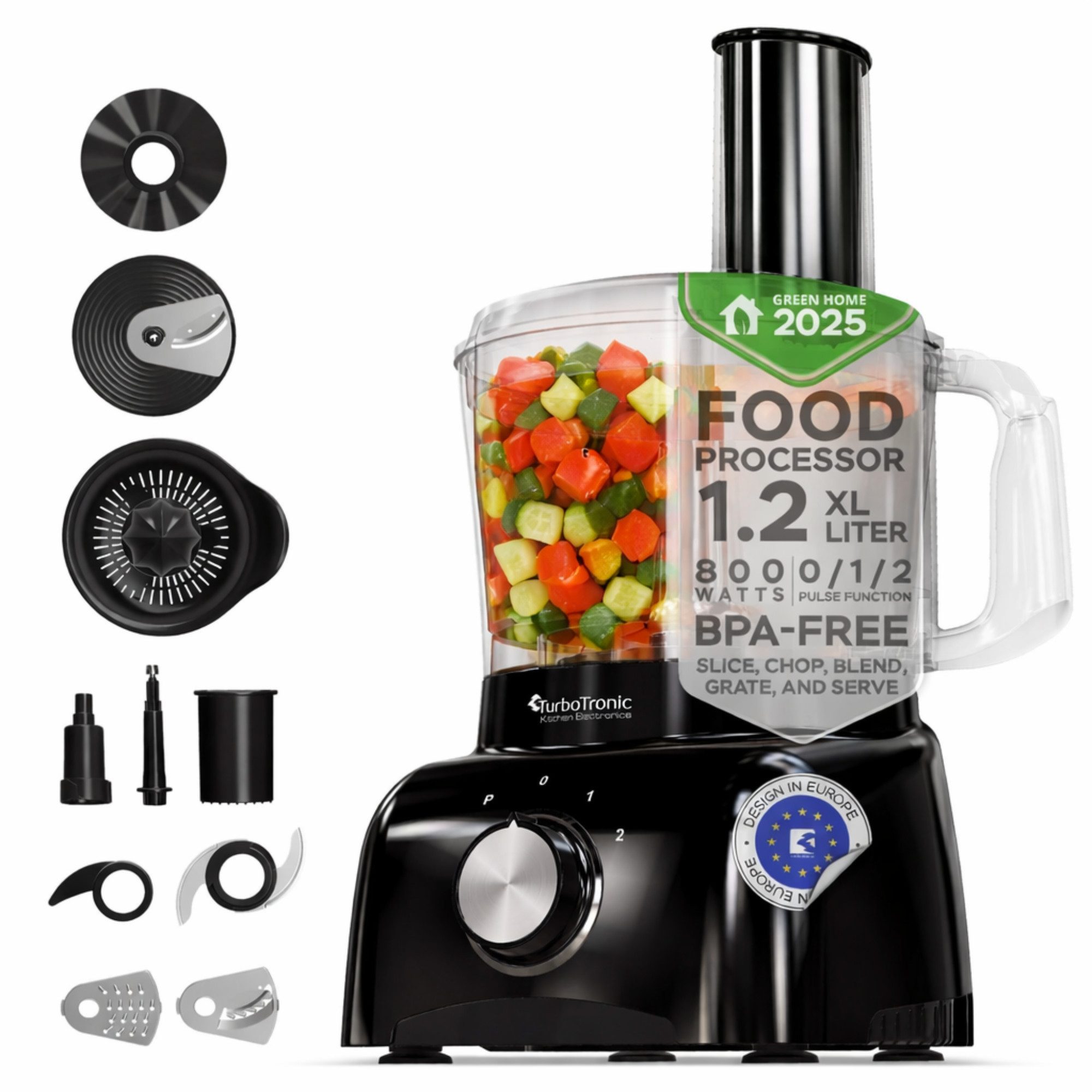 TurboTronic by Z-Line Küchenmaschine Food Processor mit Standmixer 1,5L Behälter Multizerkleinerer Mixer, 800 W, 1.2 l Schüssel, Raspelscheiben Zitruspresse Zerkleinerer Eiscrusher Power