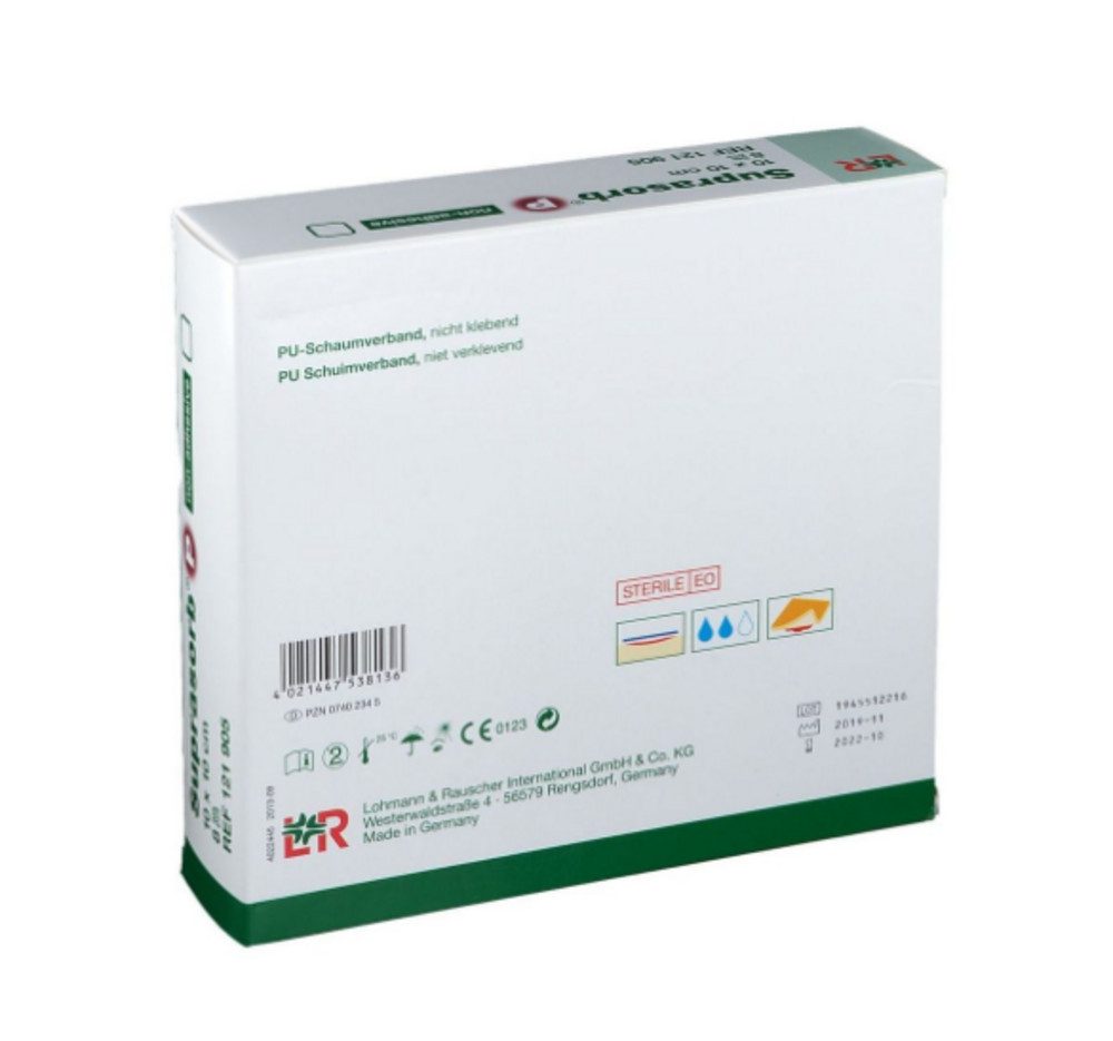Lohmann & Rauscher GmbH & Co.KG Gips-und Verbandschutz SUPRASORB P PU-Schaumv.nicht klebend 10x10 cm, Saugfähiger Wundverband, Schmerfreier Verbandwechsel