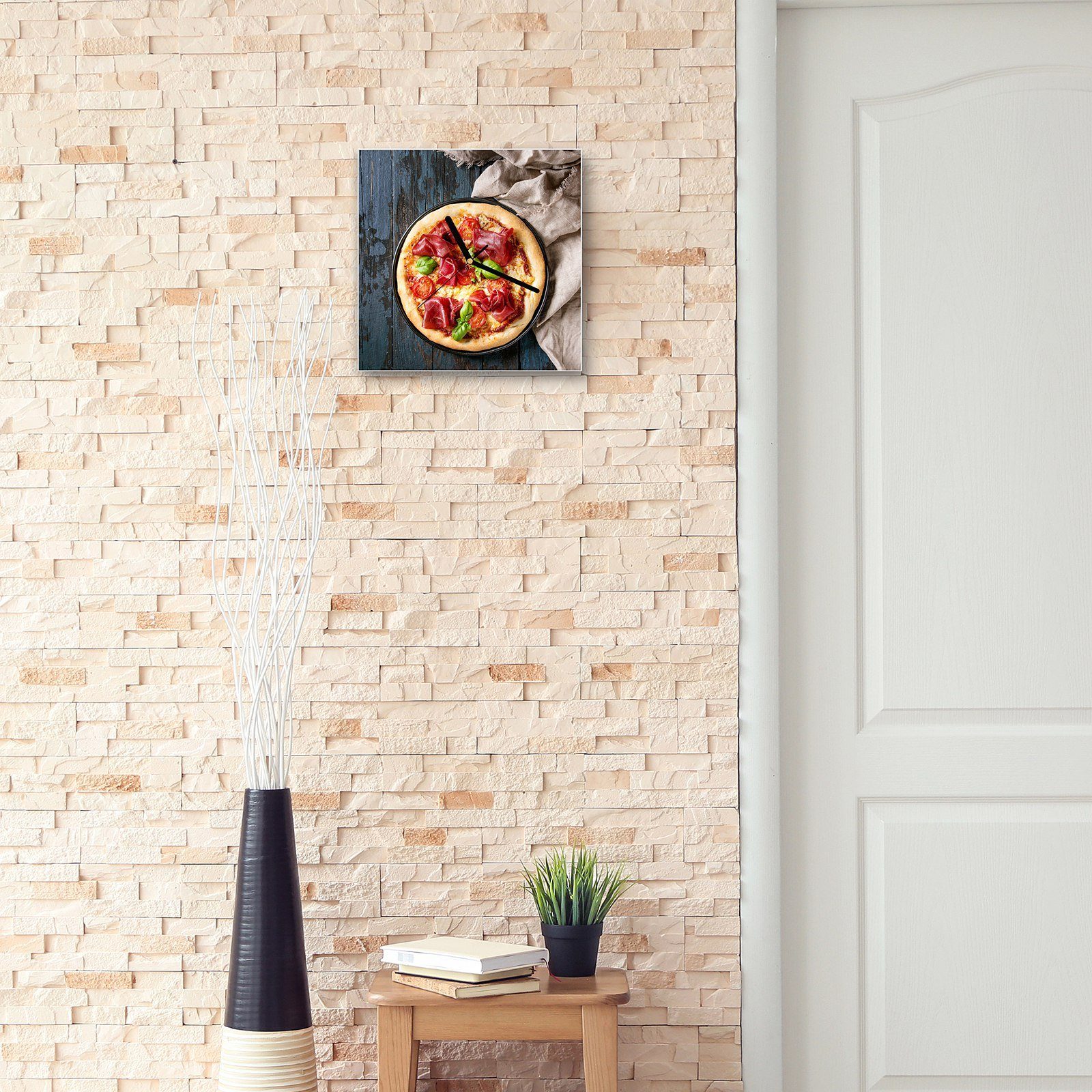 Größe x Wanduhr Wanduhr cm Wandkunst klassisch Glasuhr Motiv Primedeco Pizza 30 mit 30