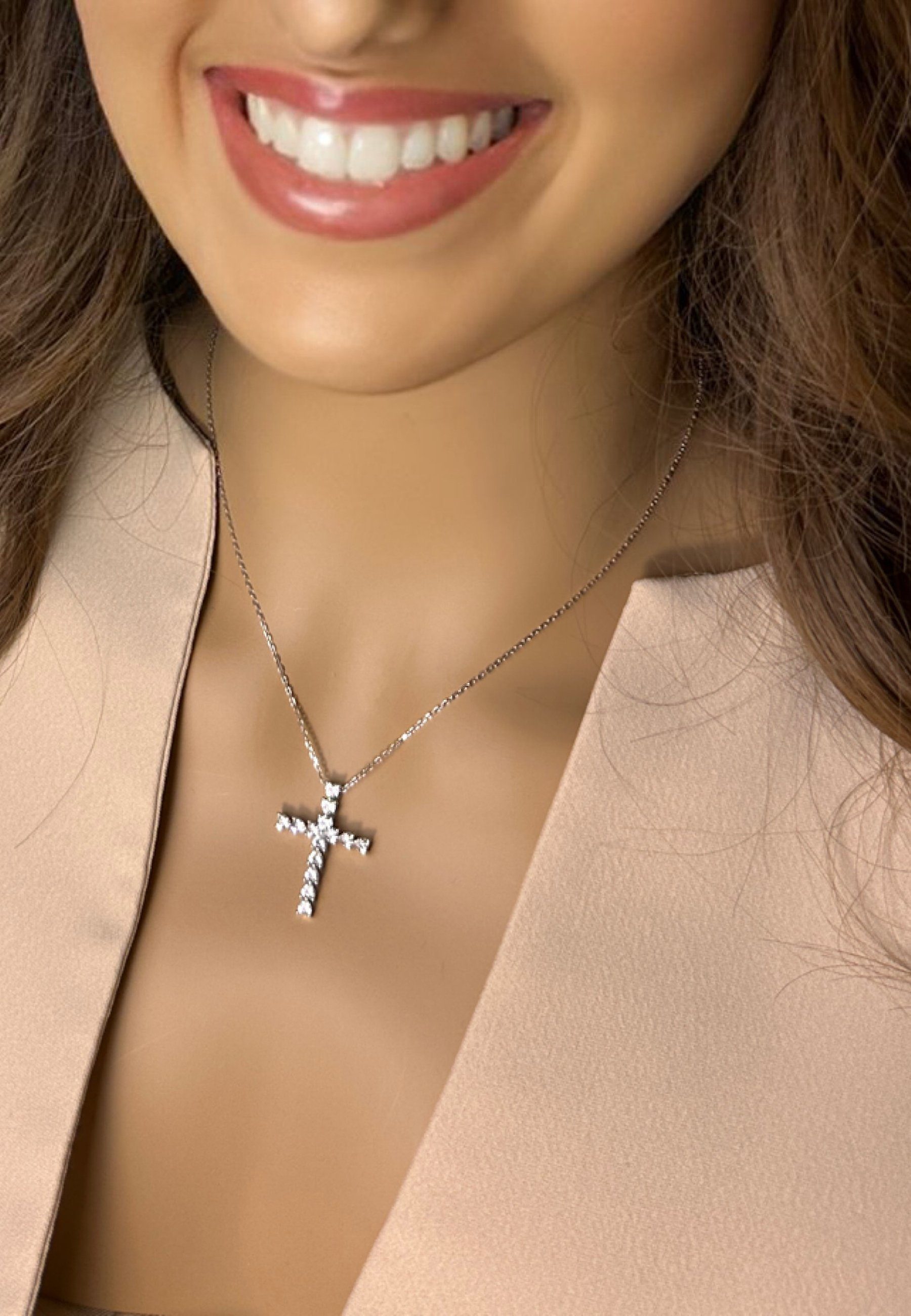 BRELLATO Kreuzkette Damen Halskette Sterling 18K Kreuz-Anhänger, Herz Silber (Set, Geschenk 5-A Kreuz-Anhänger, 1-tlg., mit Firmung), Rhodiniert, Kreuz-Kette, Kristall-Herzen Silber-Kette Kommunion Zirconia 925