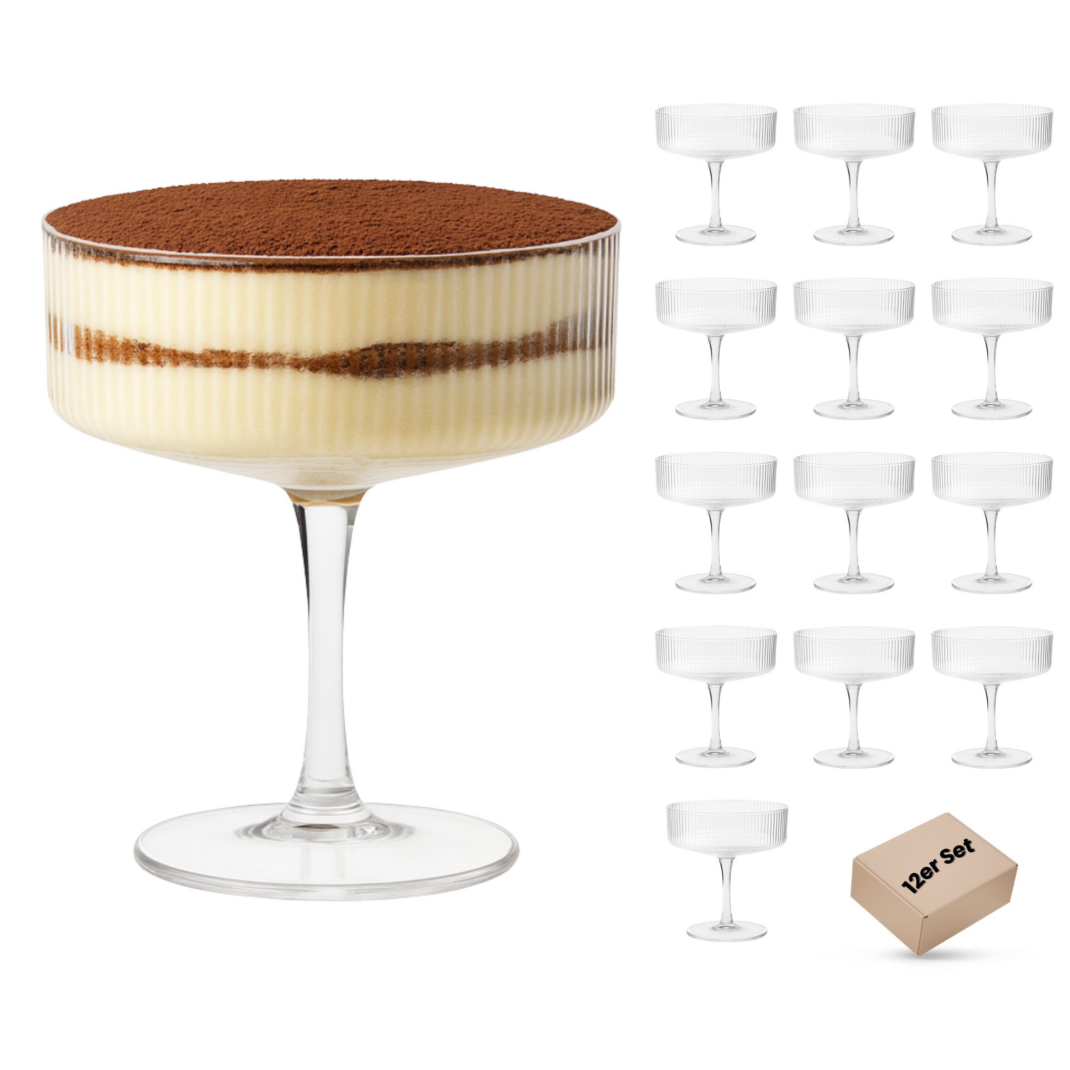 DAL CERO Martiniglas Cocktailglas – Elegantes geripptes Glas für Cocktails & Desserts, 12-tlg., 1-12er Set in 2 Größen