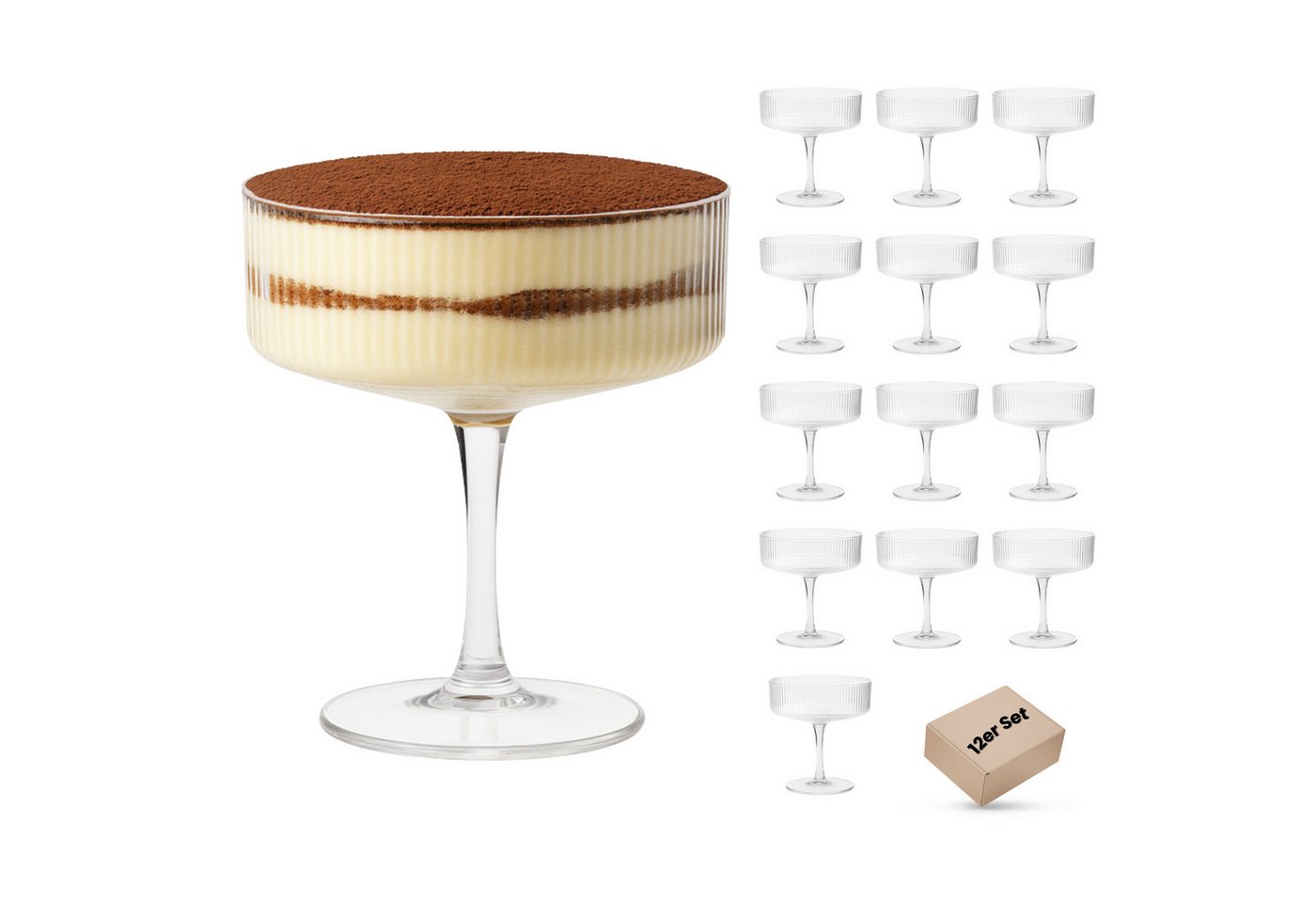 DAL CERO Martiniglas Cocktailglas – Elegantes geripptes Glas für Cocktails & Desserts, 12-tlg., 1-12er Set in 2 Größen