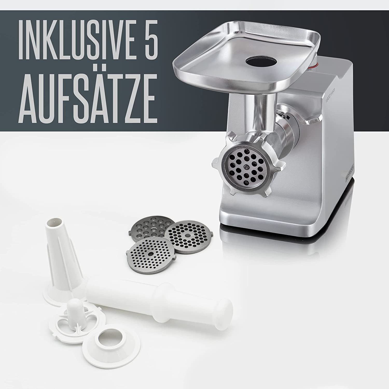 Heinrich´s Fleischwolf HFW 8808, 1800 W, Edelstahlaufsätze 1800W inkl. Rücklauffunktion Wurst Kebbe