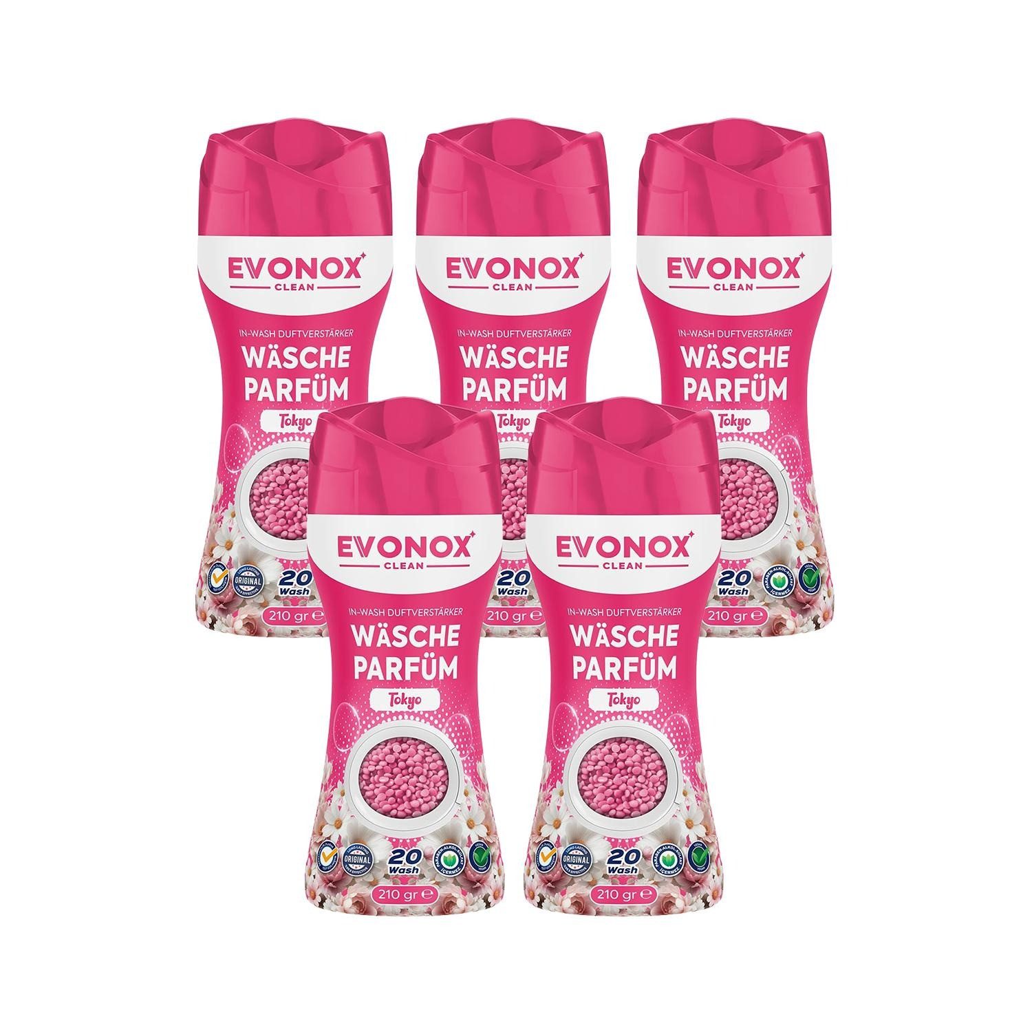 EVONOX Wäscheparfüm WÄSCHEPARFÜM–lang anhaltende Frische für alle Textil 210g (5-St), Parfüm für Waschmaschinen-PINK PEONIE & SANDELHOLZ