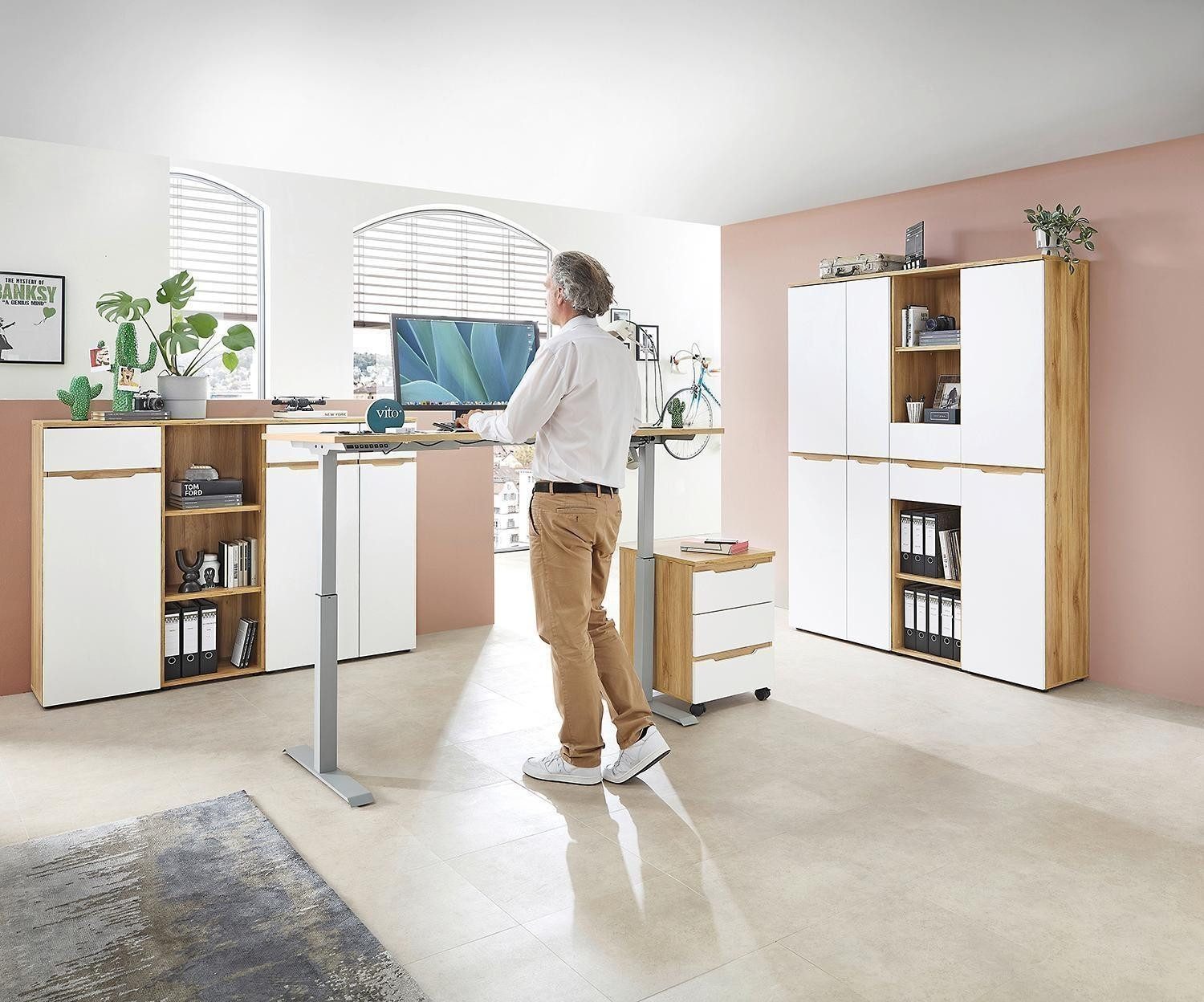 Vito Aktenschrank CLYDE, Mauvella Eiche Dekor, Weiß supermatt, 4 Türen, Soft-Close-Funktion, B 75 x H 197 x T 38 cm