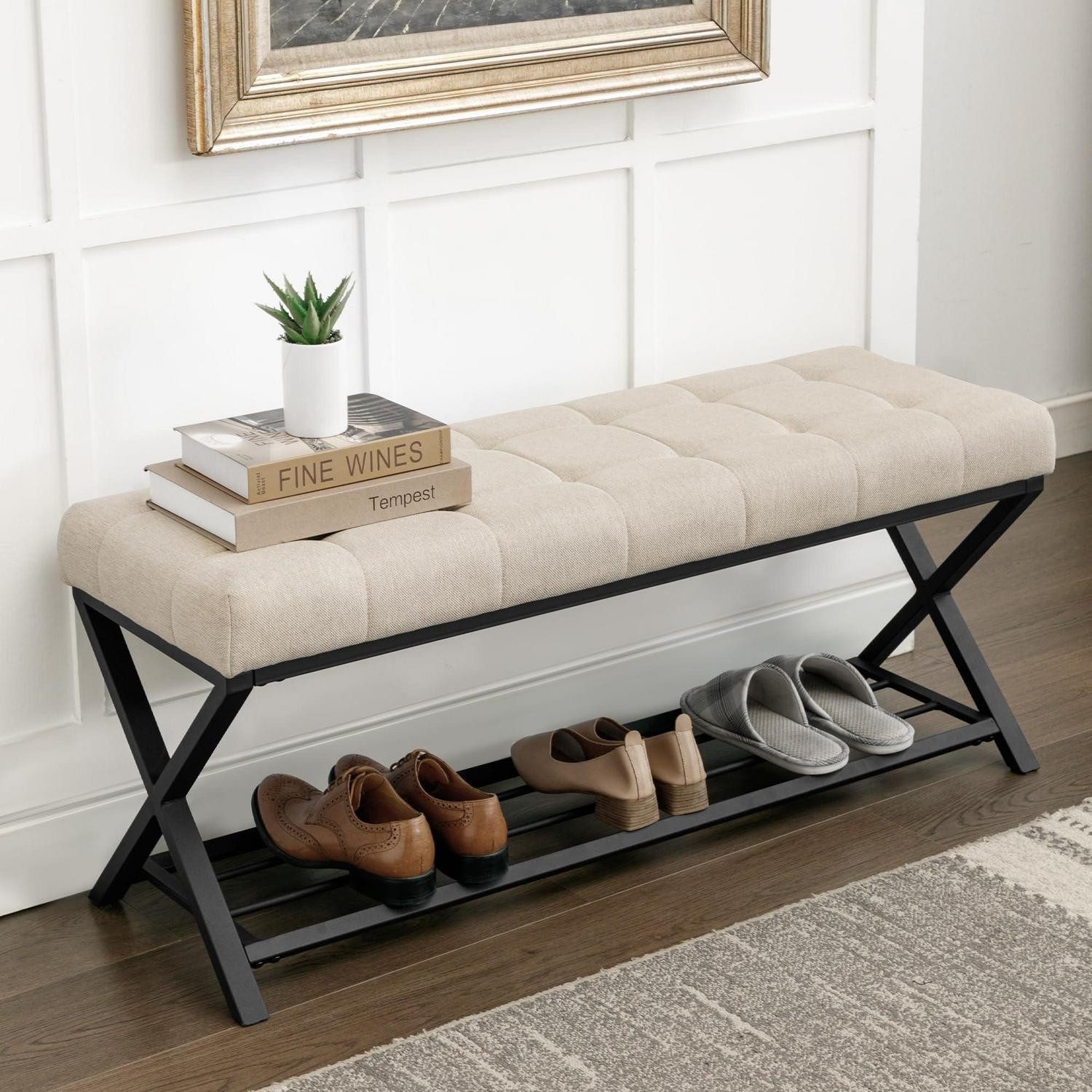 LuxusKollektion Schuhbank Schuhbank mit Sitzfläche 113cm Leinenoptik (1-St)