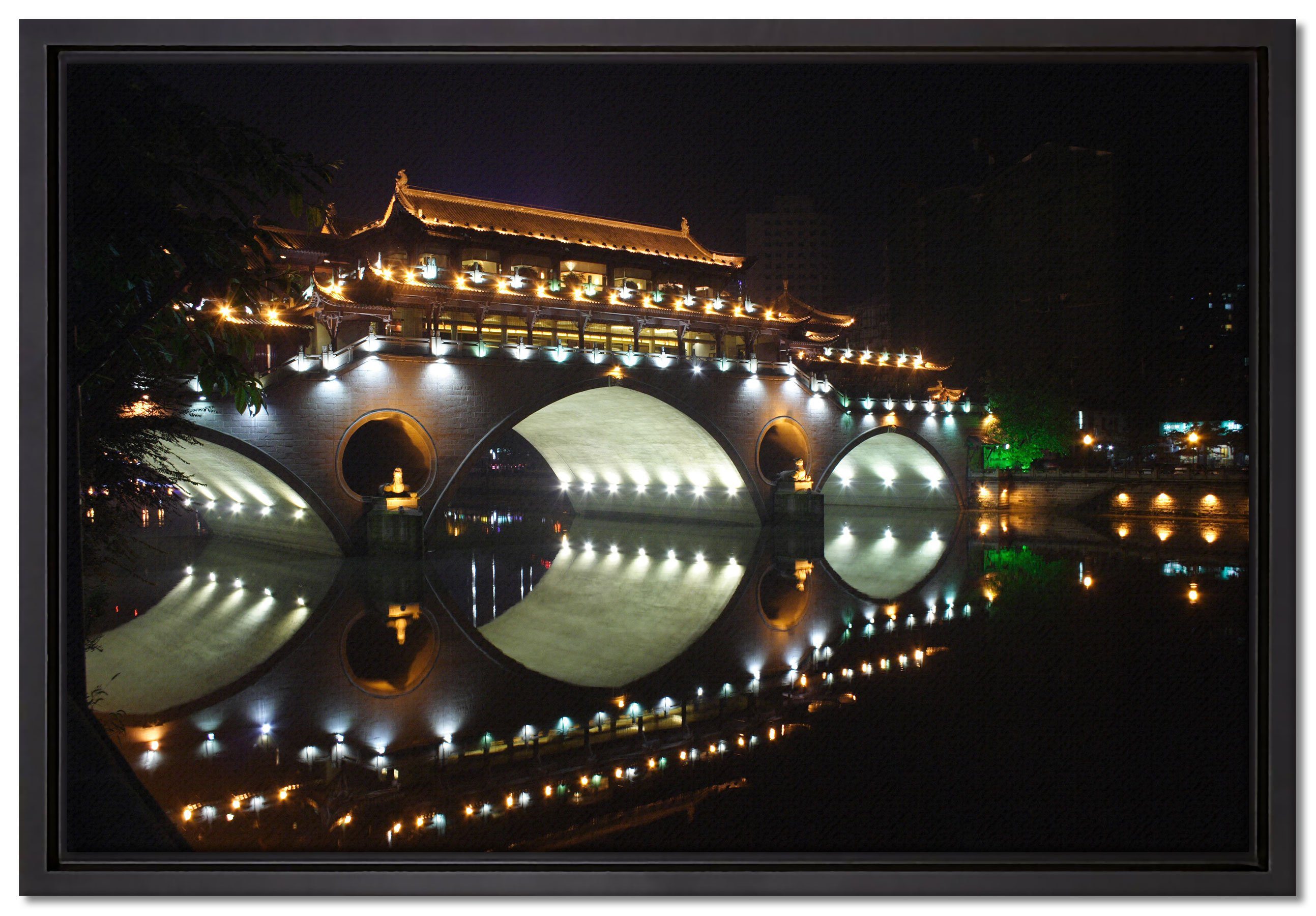 Pixxprint Leinwandbild hellerleuchtete chinesische Brücke, Wanddekoration (1 St), Leinwandbild fertig bespannt, in einem Schattenfugen-Bilderrahmen gefasst, inkl. Zackenaufhänger