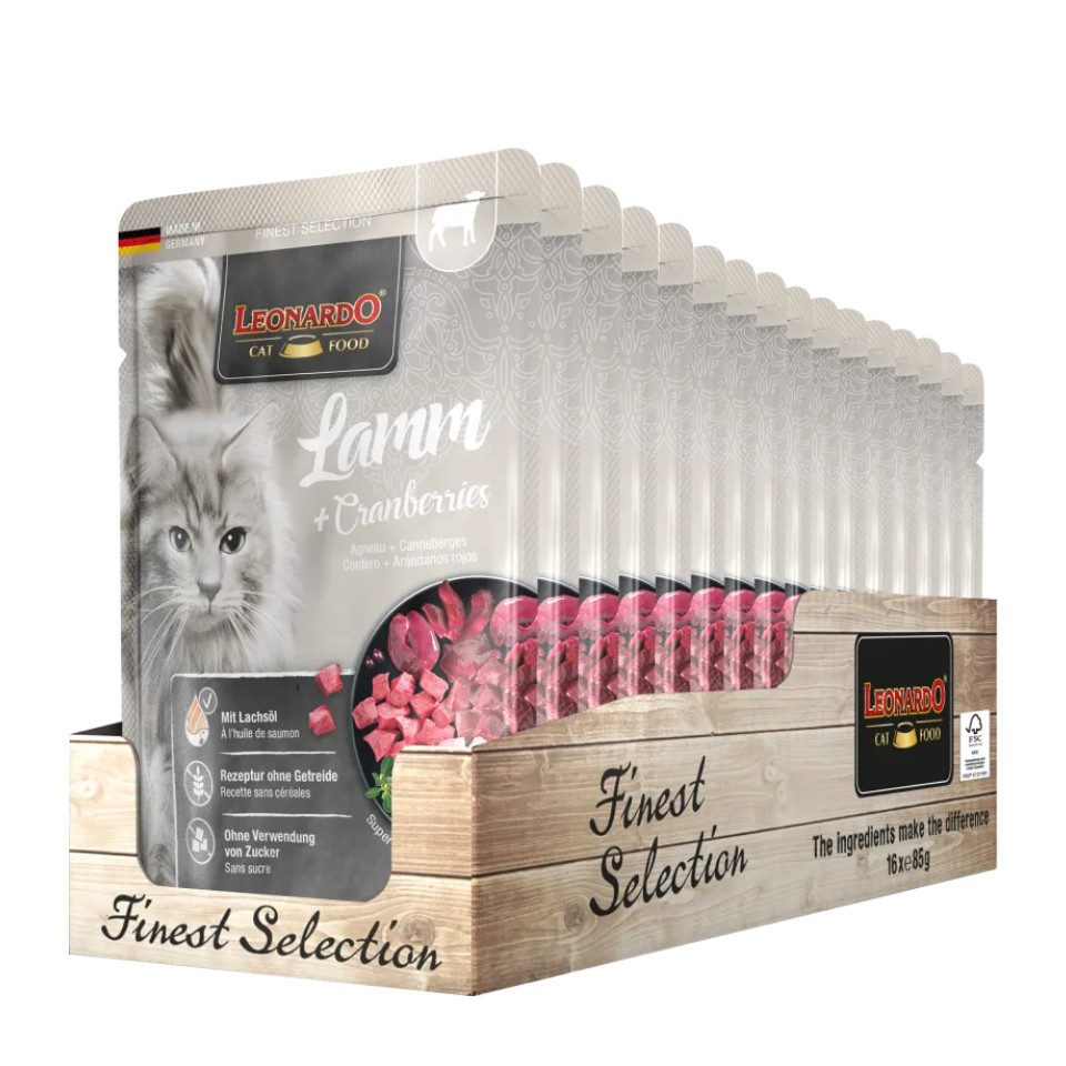 Leonardo Catfood Lamm & Cranberries - getreidefreies Nassfutter mit Lachsöl 16x85g, Nassfutter für: Katzen