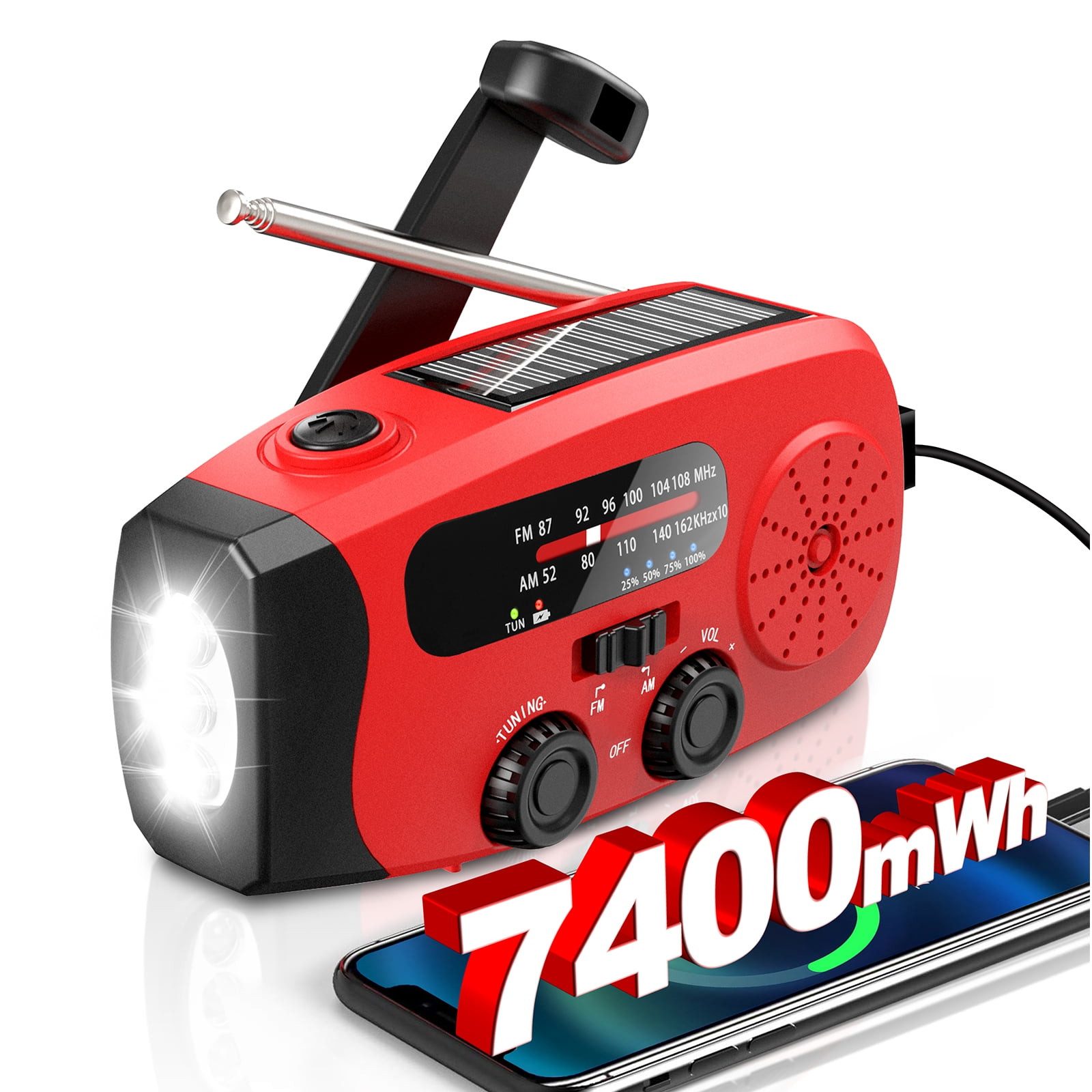 Greadio Solar-Kurbelradio Rot, Tragbares AM/FM Notfallradio, 086S Radio (AM-Tuner, FM-Tuner, NOAA-Wetterradio (WB), 0,5 W, mit LED-Lampe & 2000mAh Akku)