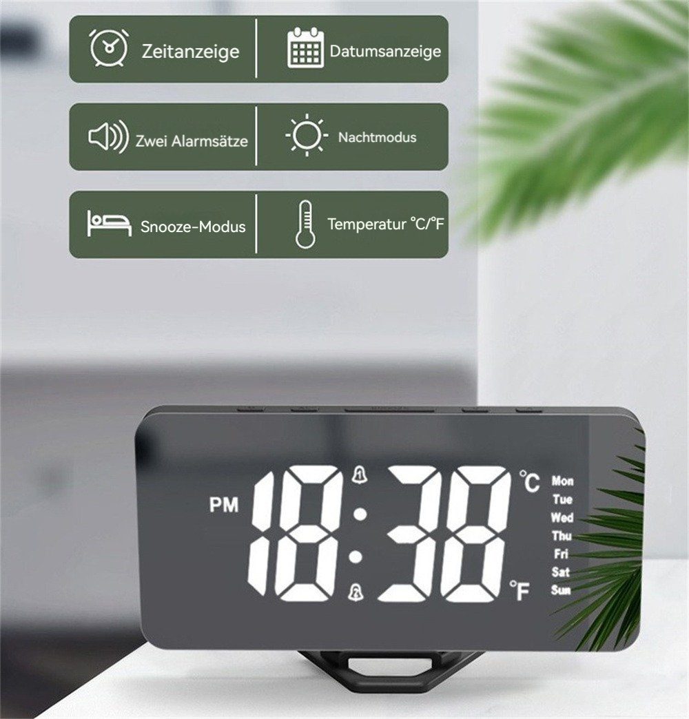 Wecker Uhr Moduls Wecker Spiegel-Wecker, Temperaturanzeige Anzeige Display mit Digital, Schwarz Dekorative Digital Snooze mit LED