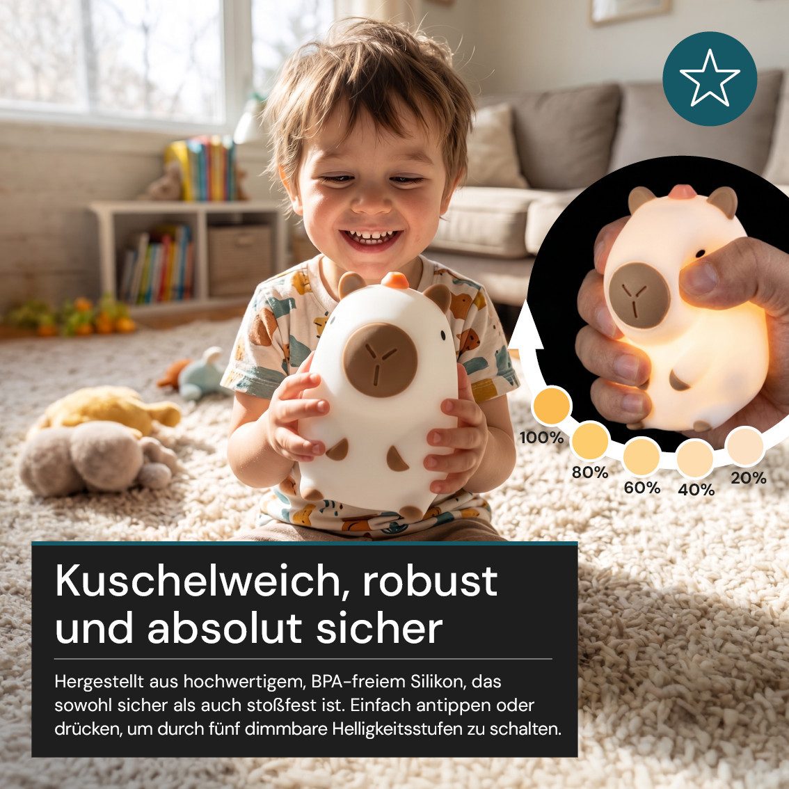 LUXULA LED Nachttischlampe LED-Nachtlicht, LED fest integriert, 1,7W Schlummerlicht Weiß aus Silikon durch Drücken dimmbar mit Akku