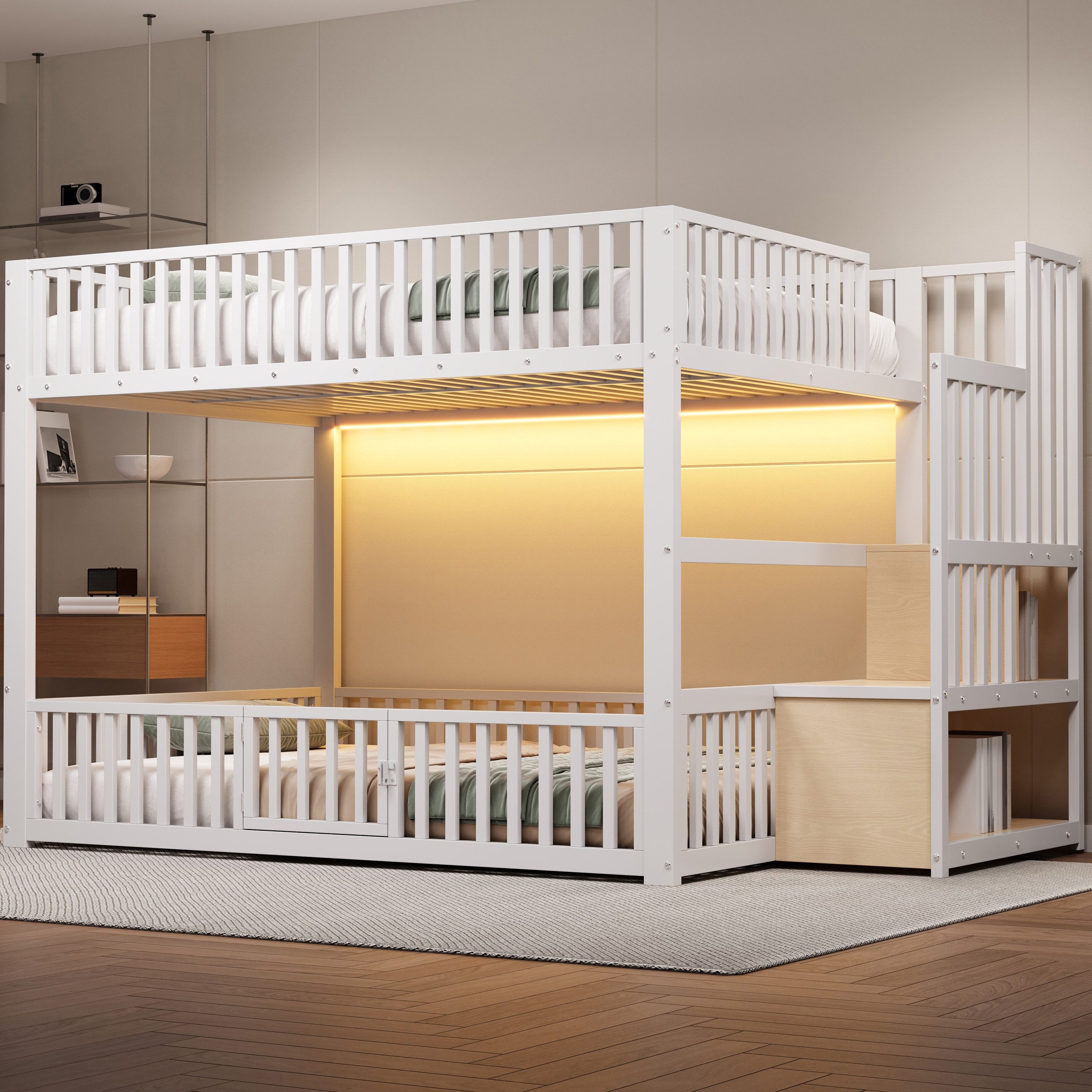 Flieks Etagenbett, Metallbett Kinderbett 140x200cm mit LED-Beleuchtung, oberem Lattenrost