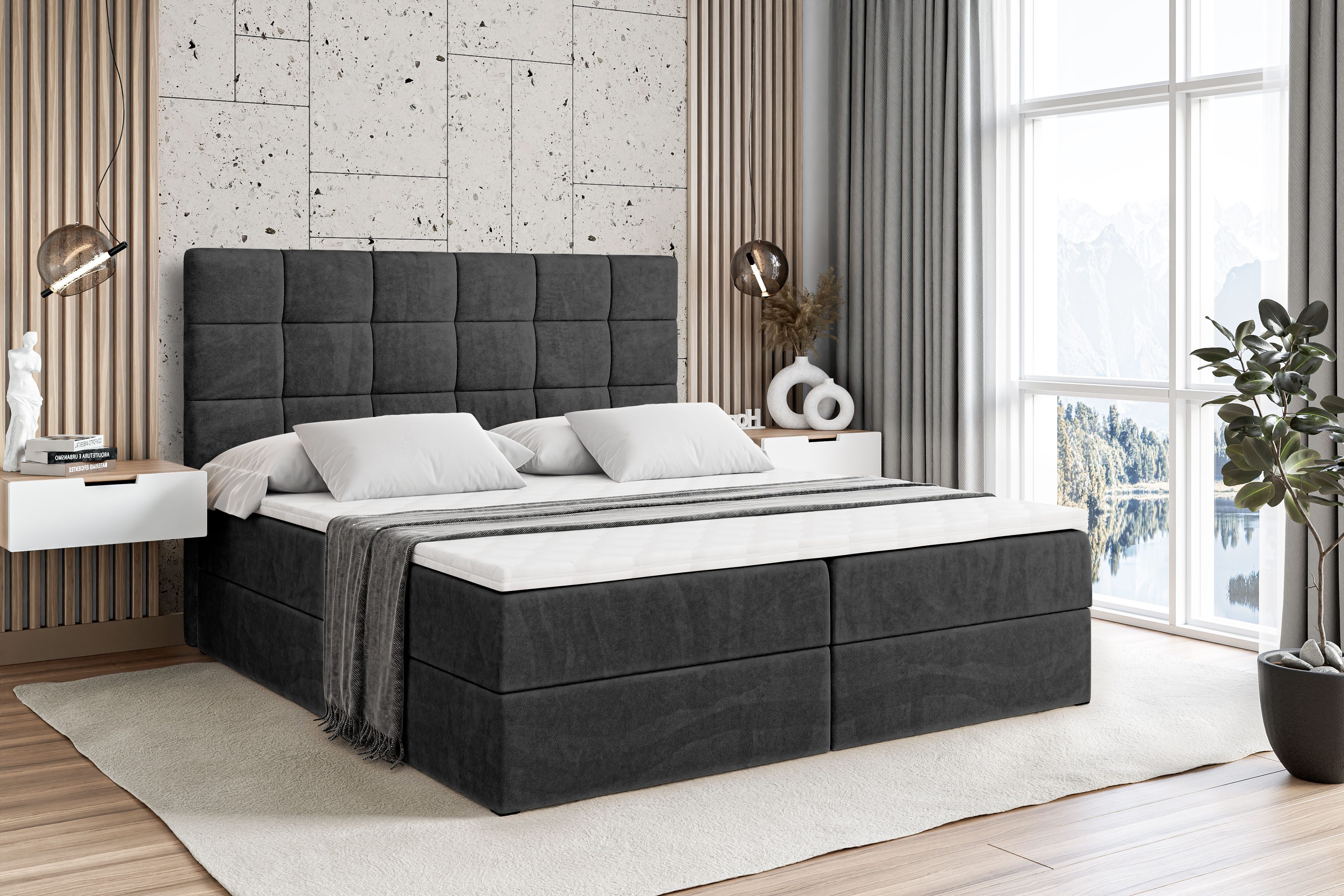 ALTDECOR Boxbett BRUGO (mit Matratze Lattenrost Topper Polsterbett mit Bettkasten Doppelbett), H4 Multipocket / H3 Bonellfederung, Springboxbett Boxspringbett