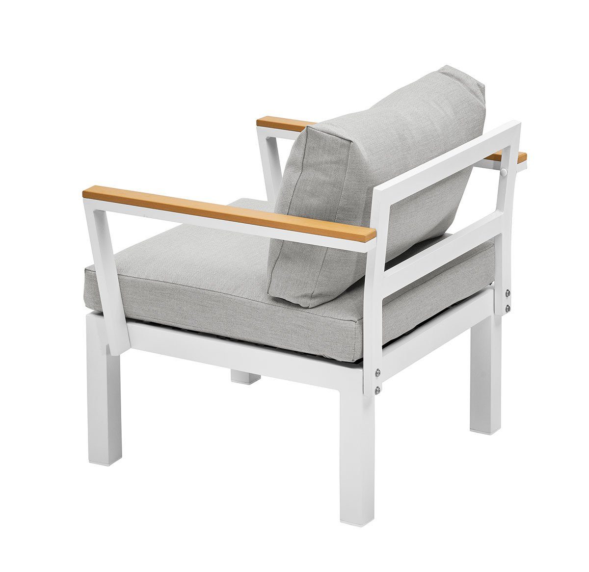 Gartenfreude Gartentisch Sessel Stoff Kissen Aluminium Weiß Teak Ambience / Grau (1-St), wasserabweisenden / mit