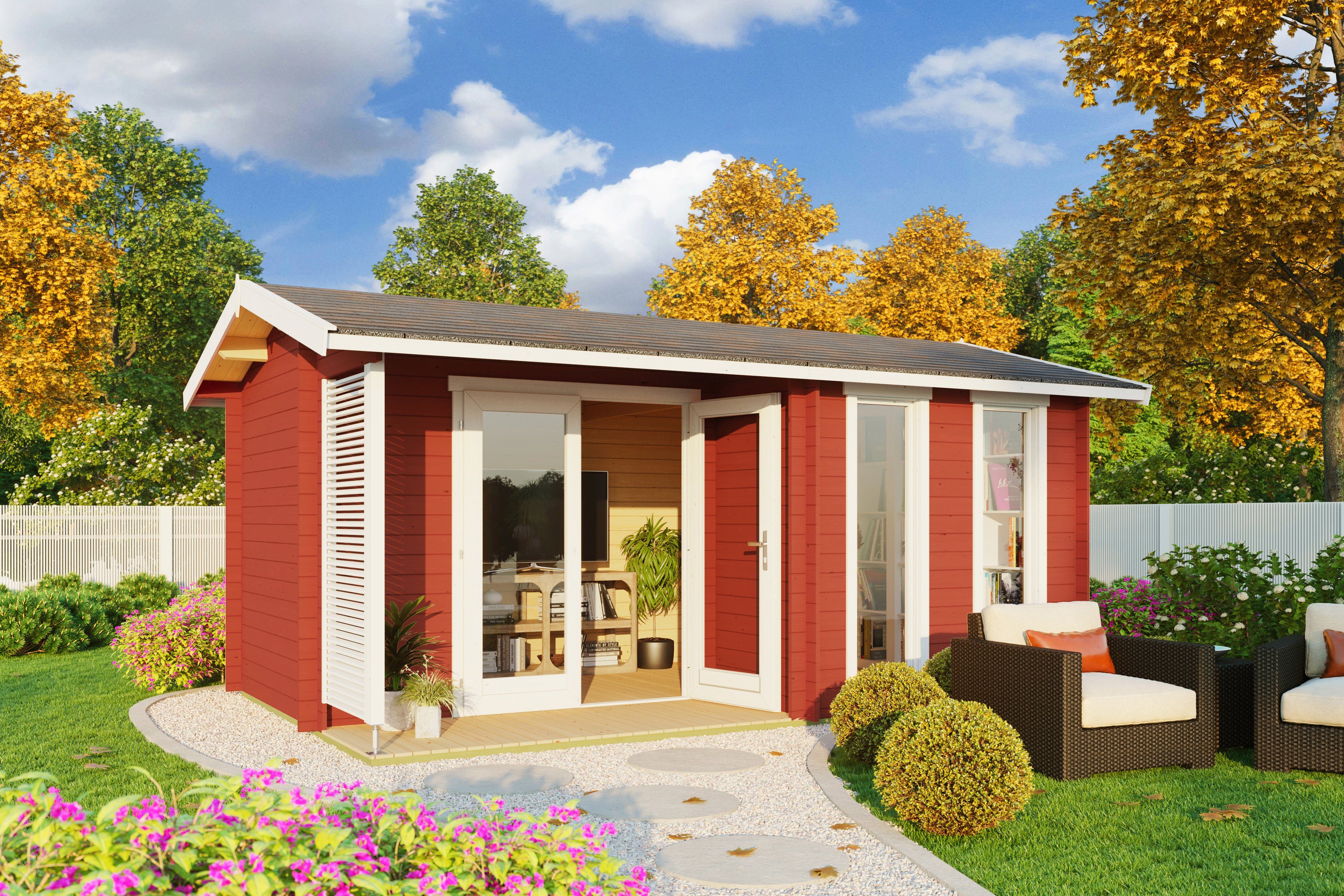 LASITA MAJA Gartenhaus Riverside, BxT: 500x357 cm, (Set), Blockbohlenhaus 28mm, mit Terrasse