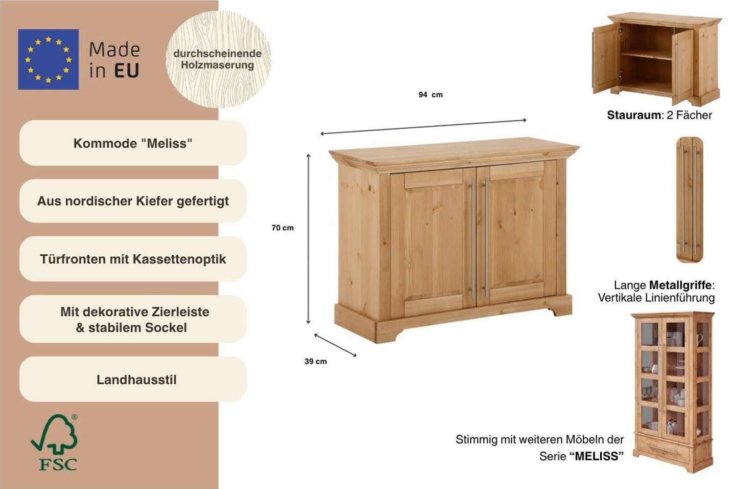 OTTO home Sideboard Melissa, Kommode im klassischen Landhausstil, Massivholz, FSC®, Breite 94 cm