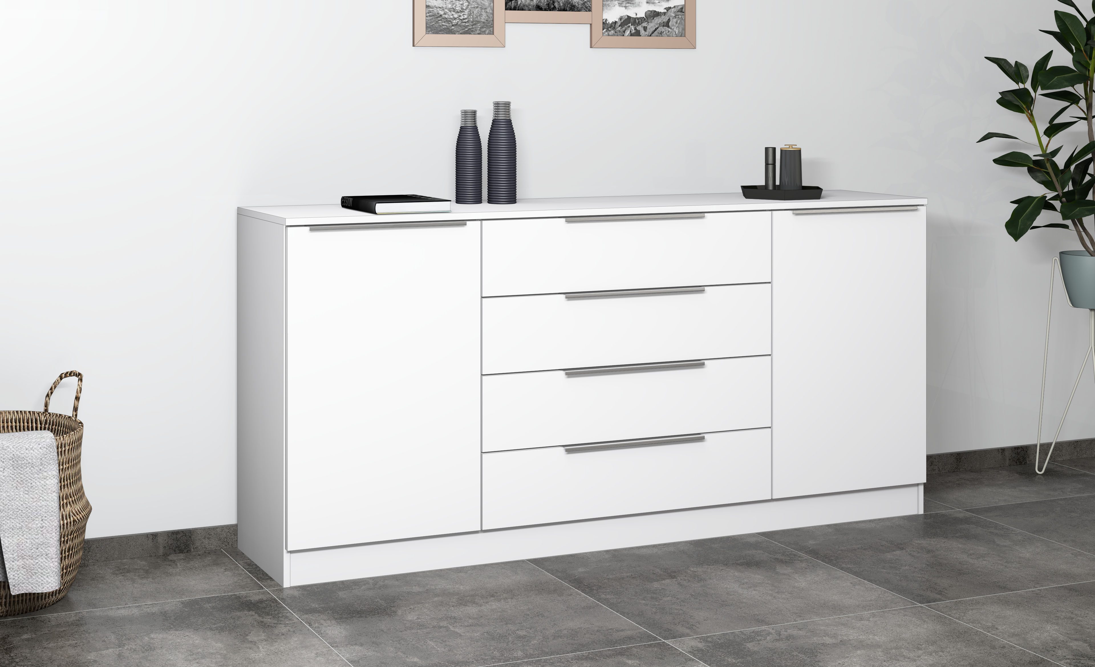 borchardt Möbel Kommode Oliva, Kommode mit Metallgriffen, Modernes Sideboard mit 2 Türen und 4 Schubkästen, Breite 166 cm