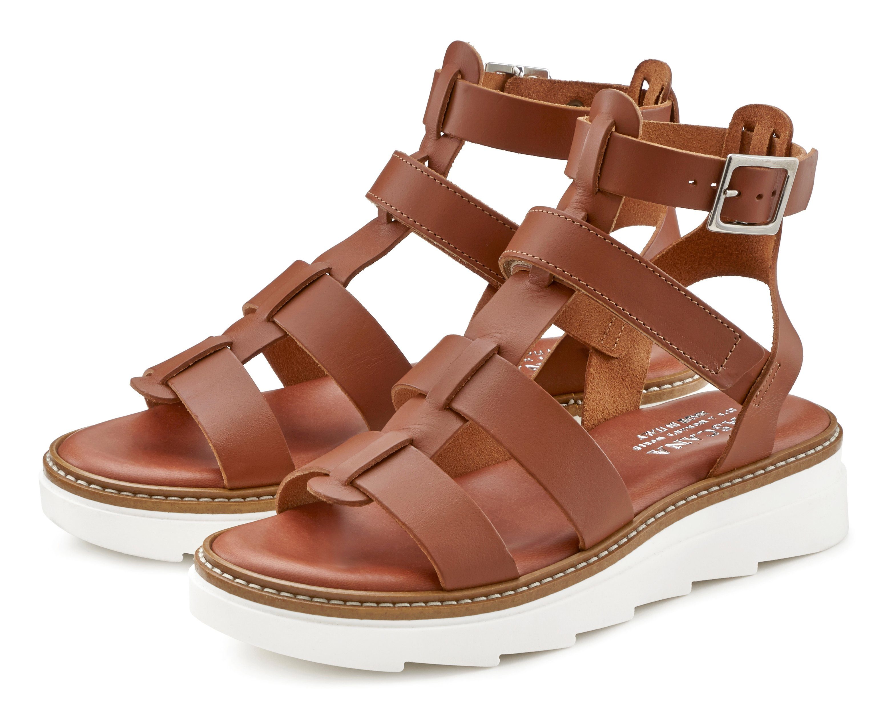 LASCANA Sandale Sandalette, Sommerschuh aus Leder mit leichter Plateausohle camelfarben