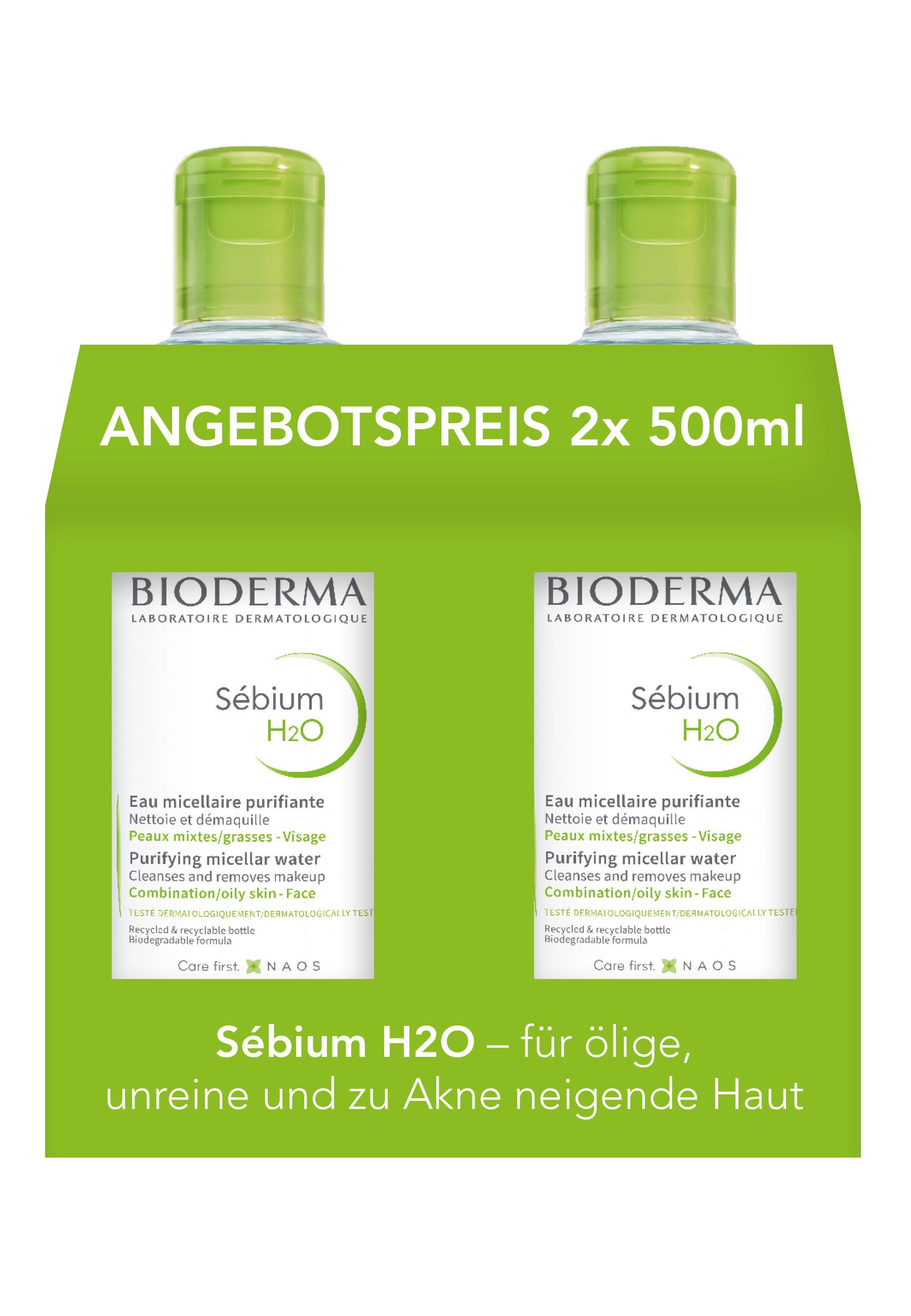 Bioderma Make-up-Entferner Sébium H2O Mizellenreinigungswasser: 2x500ml zum Angebotspreis, Reinigung, Make-up-Entferner, Gesichtswasser - 3 in 1