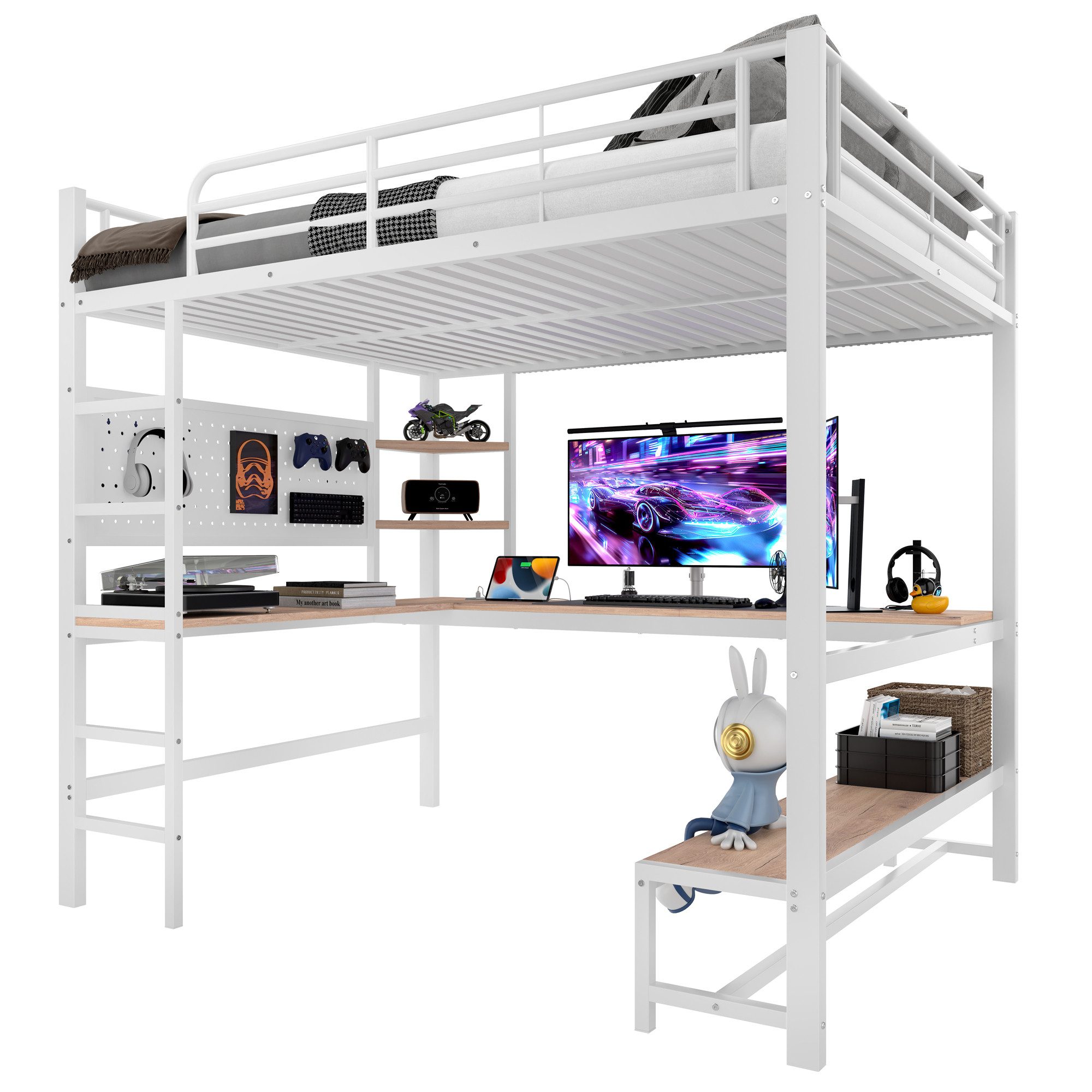 ANYSUN Hochbett mit Schreibtisch, Geländer, Trittleiter, mehrere Ablagen (Set, Bett)