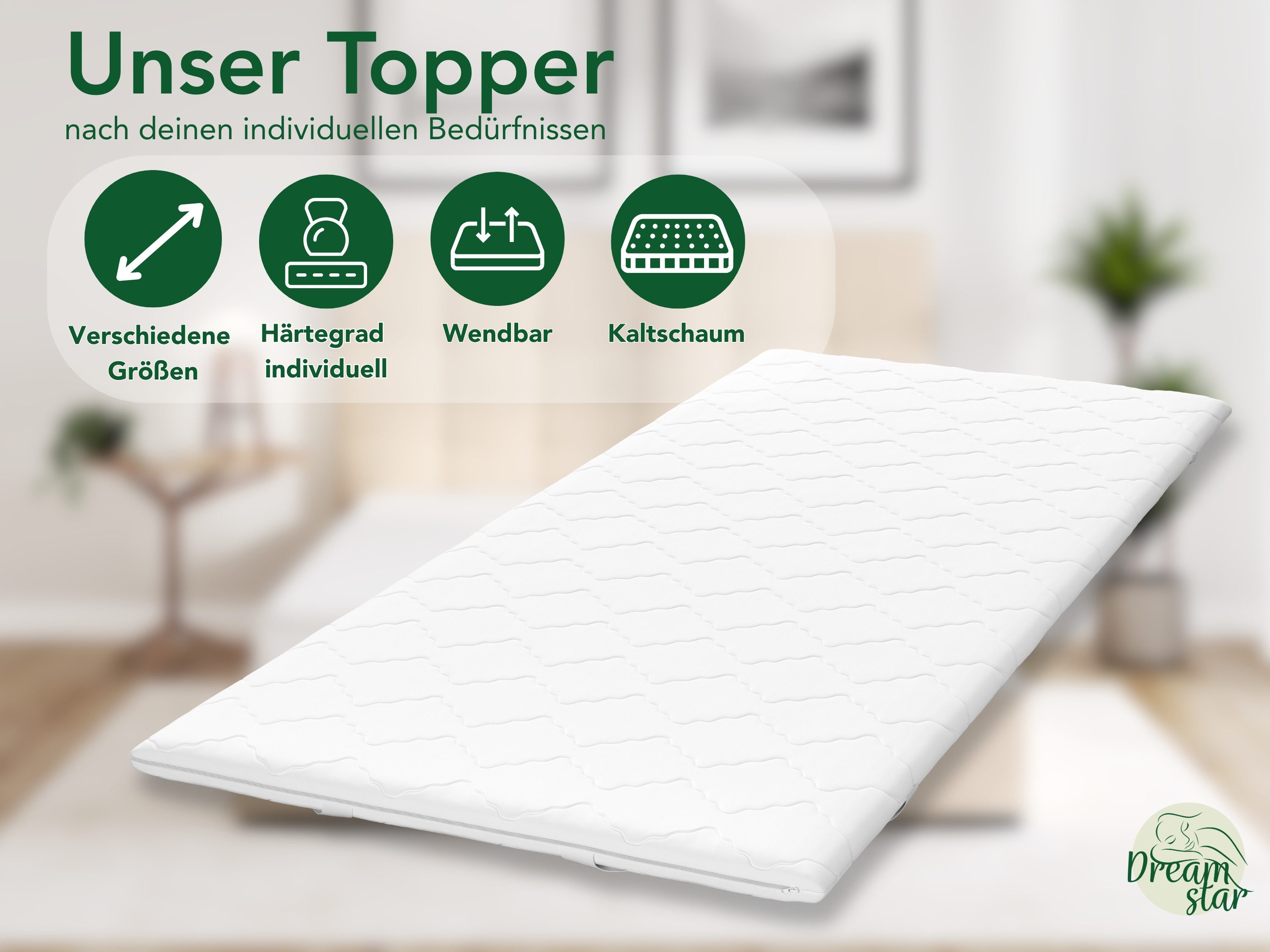 Dreamstar, Topper ergonomischer Matratzentopper in 3 Härtegraden - weich, mittel, fest, 6 cm hoch, Kaltschaum, rutschfest, Bezug waschbar - für Matratzen und Boxspringbetten