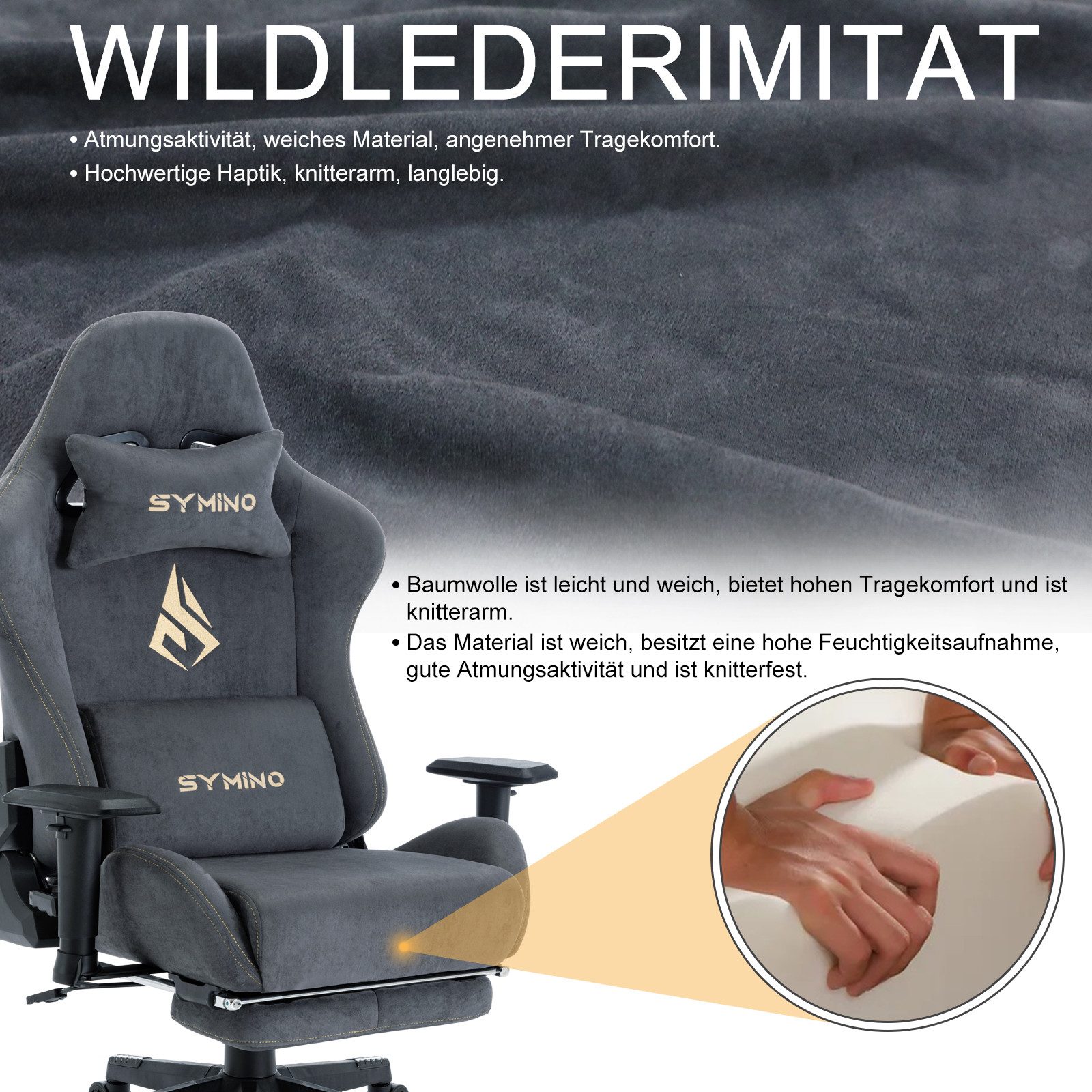 symino Gaming-Stuhl Drehstuhl, verstellbare Armlehnen und Rückenlehne, Memory Foam Kissen mit Fußstütze, Grau