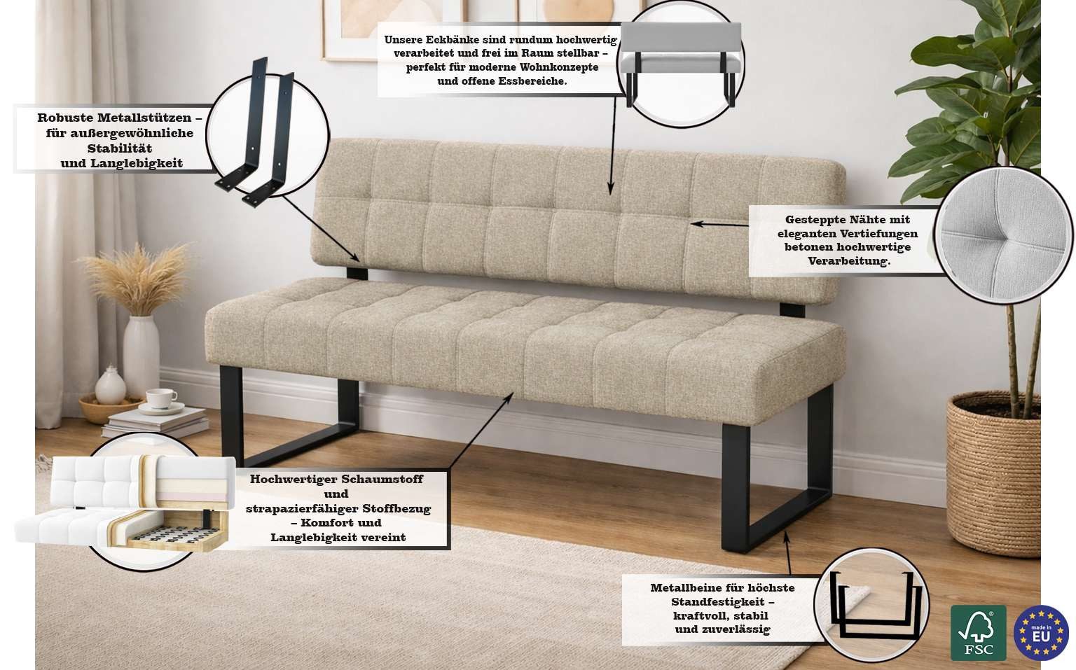 Home affaire Sitzbank Mia Küchenbank, Polsterbank, Esszimmerbank, 141x64 cm, Moderne Bank und Farben, Sitzplatzanzahl: 2-3, Frei in Raum stellbar – Bild 3 von 5