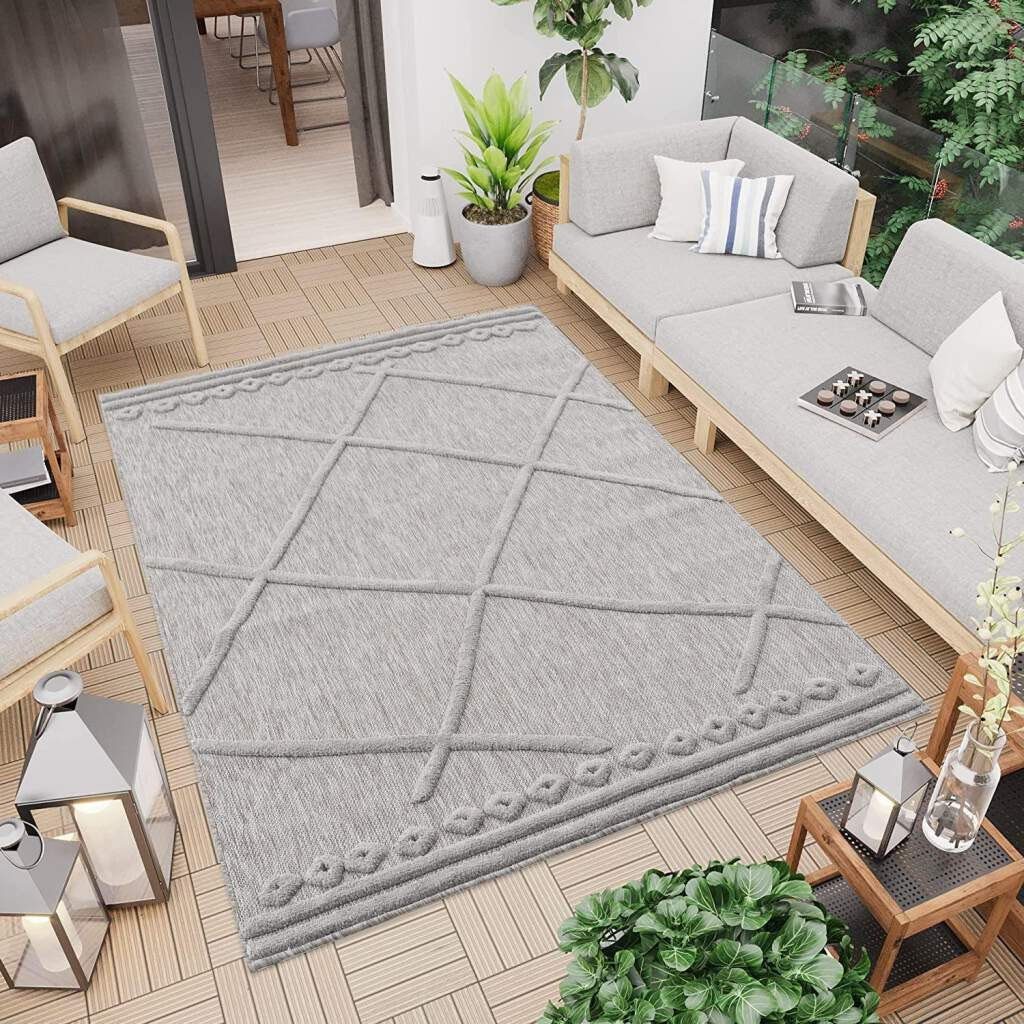 Teppich In-& Outdoorteppich Santorini 58578, 3D-Effekt, Raute-Optik, Carpet City, rechteckig, Höhe: 5 mm, Wetterfest & UV-beständig für Terrasse, Balkon, Küche, Flur grau