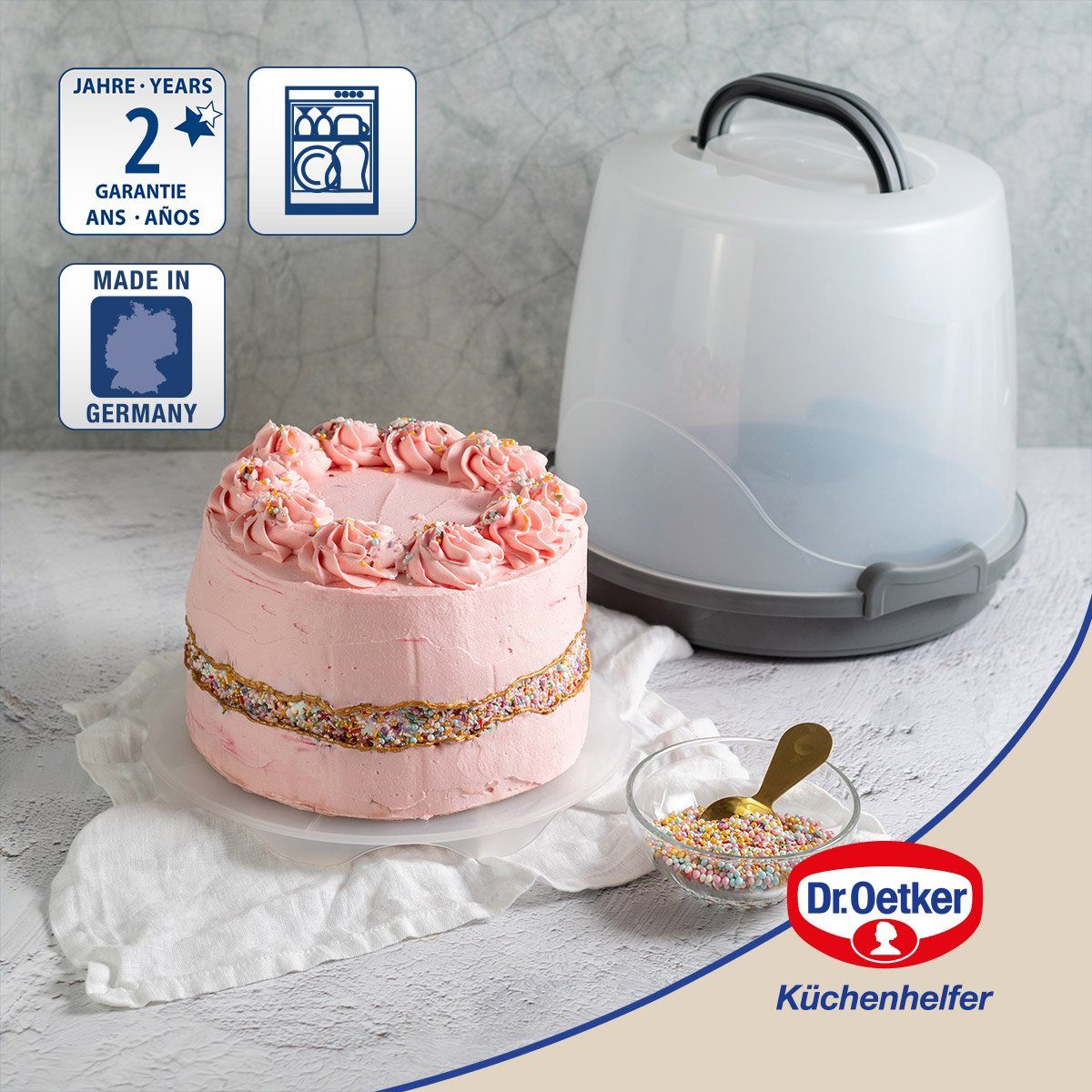 Dr. Oetker Küchenhelfer Kuchentransportbox extra hoch, rund, Platz für 20 cm hohe Kuchen und Torten