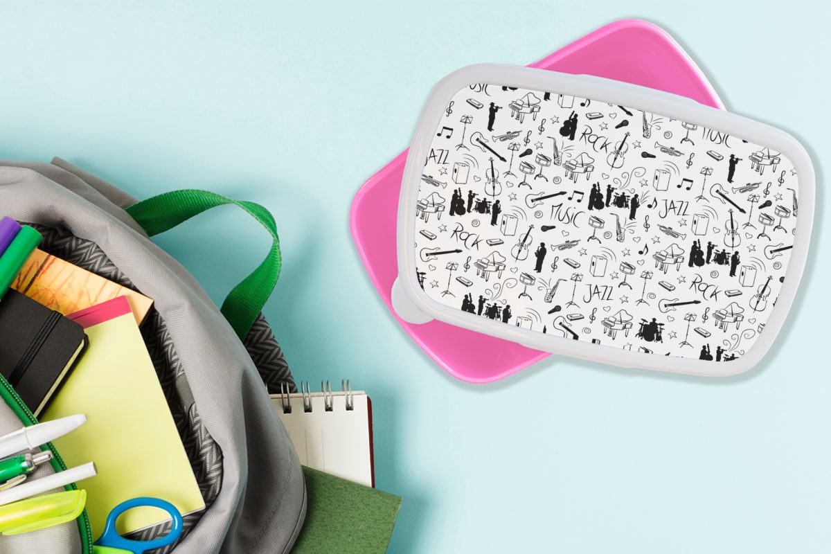 MuchoWow Lunchbox Musik - (2-tlg), Muster - Brotbox Snackbox, Mädchen, Erwachsene, Kunststoff, Brotdose und Weiß, Kinder, Kunststoff rosa für Schwarz