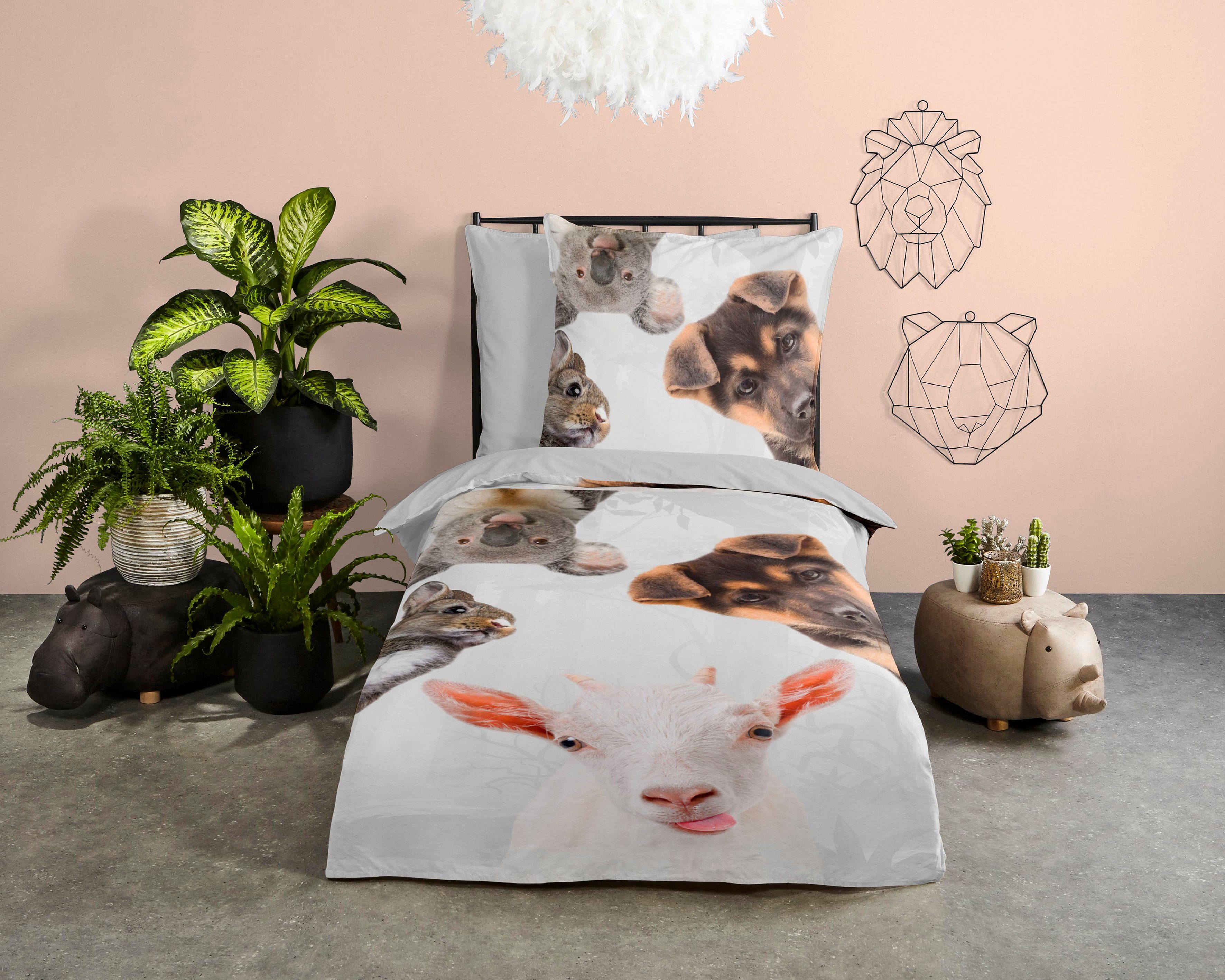 good morning Kinderbettwäsche Semmie, Renforcé, 2 teilig, 100% Baumwolle, 135x200, Reißverschluss, Wendeoptik, Kind, Tier