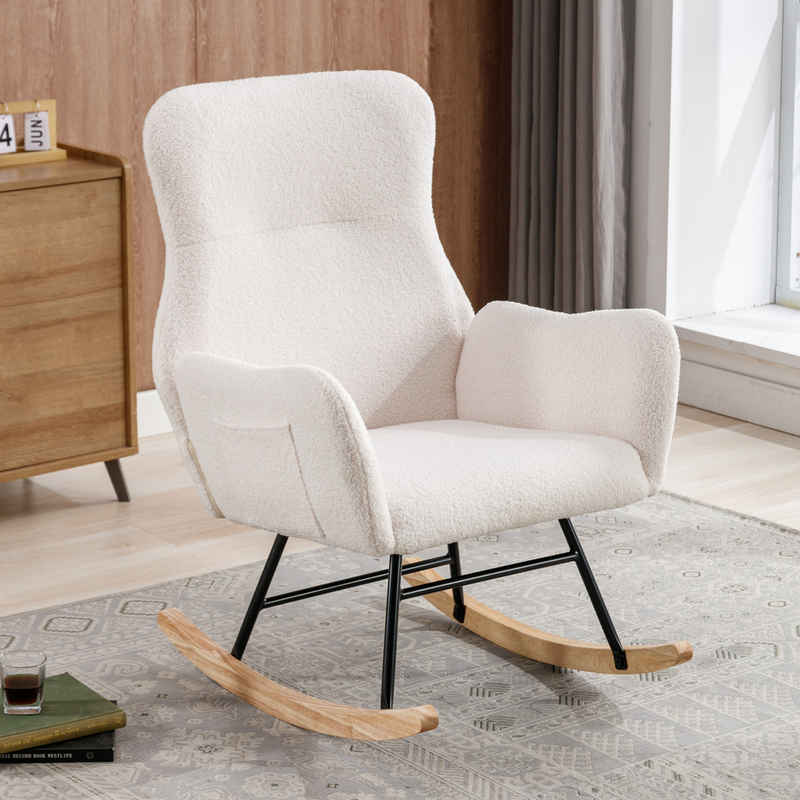 SeedWave Schaukelstuhl Teddy-Schaukelstuhl mit Seitentasche, weiß Gemütlicher Stillstuhl, Relaxsessel für das Schlafzimmer und Wohnzimmer