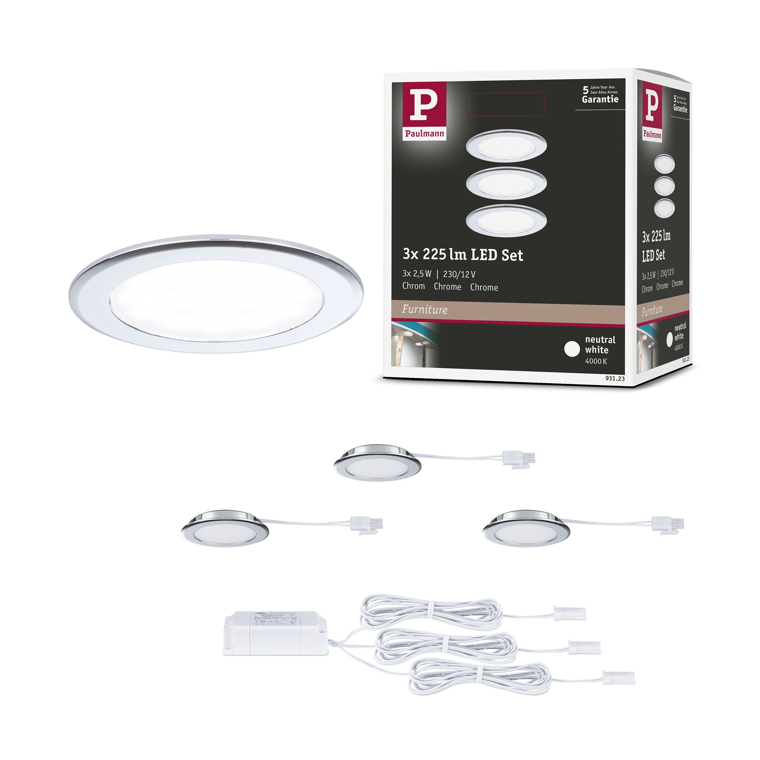 Paulmann LED Schrankinnenraumbeleuchtung LED Möbeleinbauleuchten 3er-Set rund 65 mm 3x2,5W 3x180lm 230/12V 4000