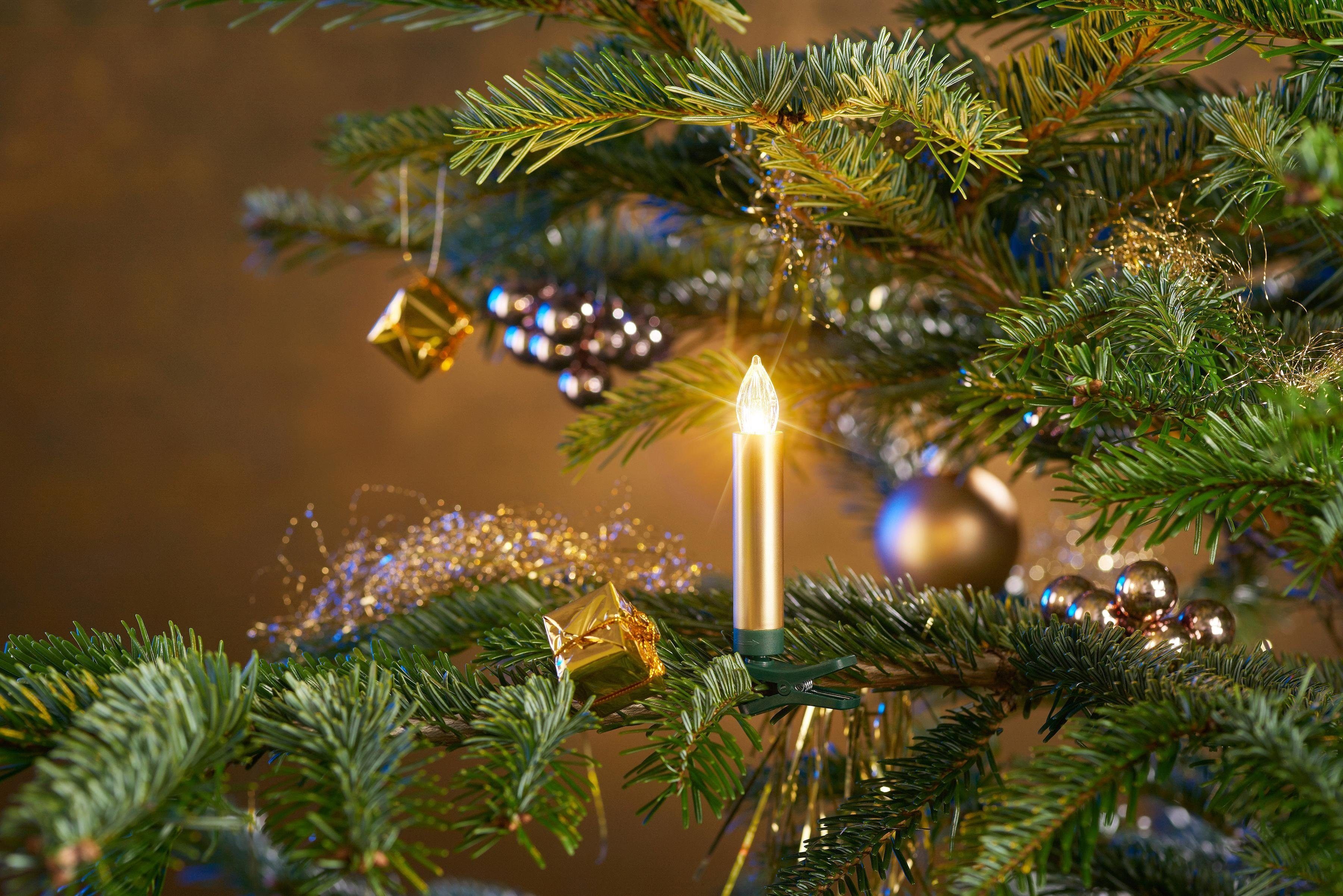 BONETTI LED-Christbaumkerzen Weihnachtsdeko aussen, 25 kabellos, Kerzen Christbaumschmuck, plus goldfarben Zubehör