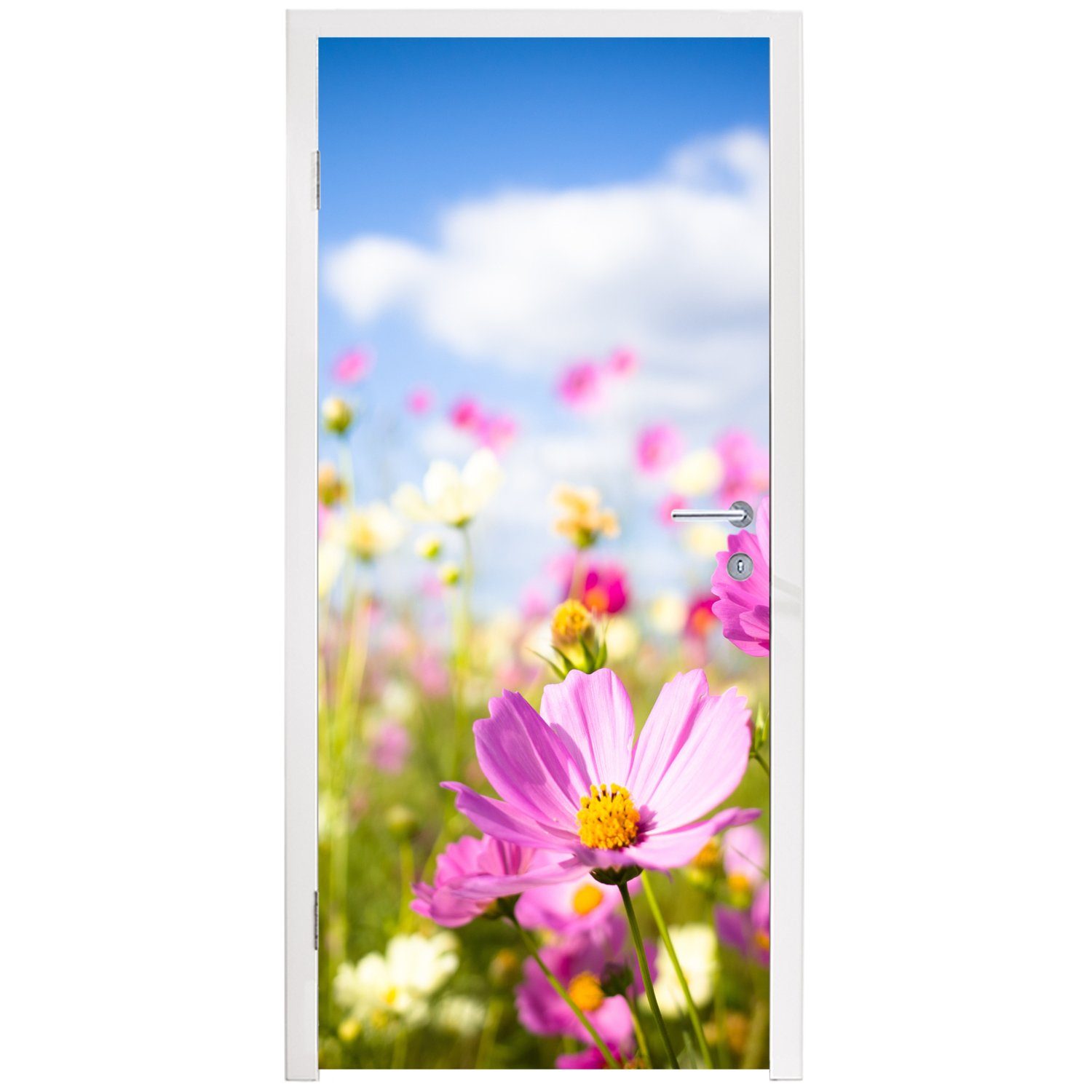 MuchoWow Türtapete - Blau, - - St), Tür, Blumen Lila Matt, - (1 - Weiß Wiese Türaufkleber, Fototapete für 75x205 Gras Wolken - cm bedruckt