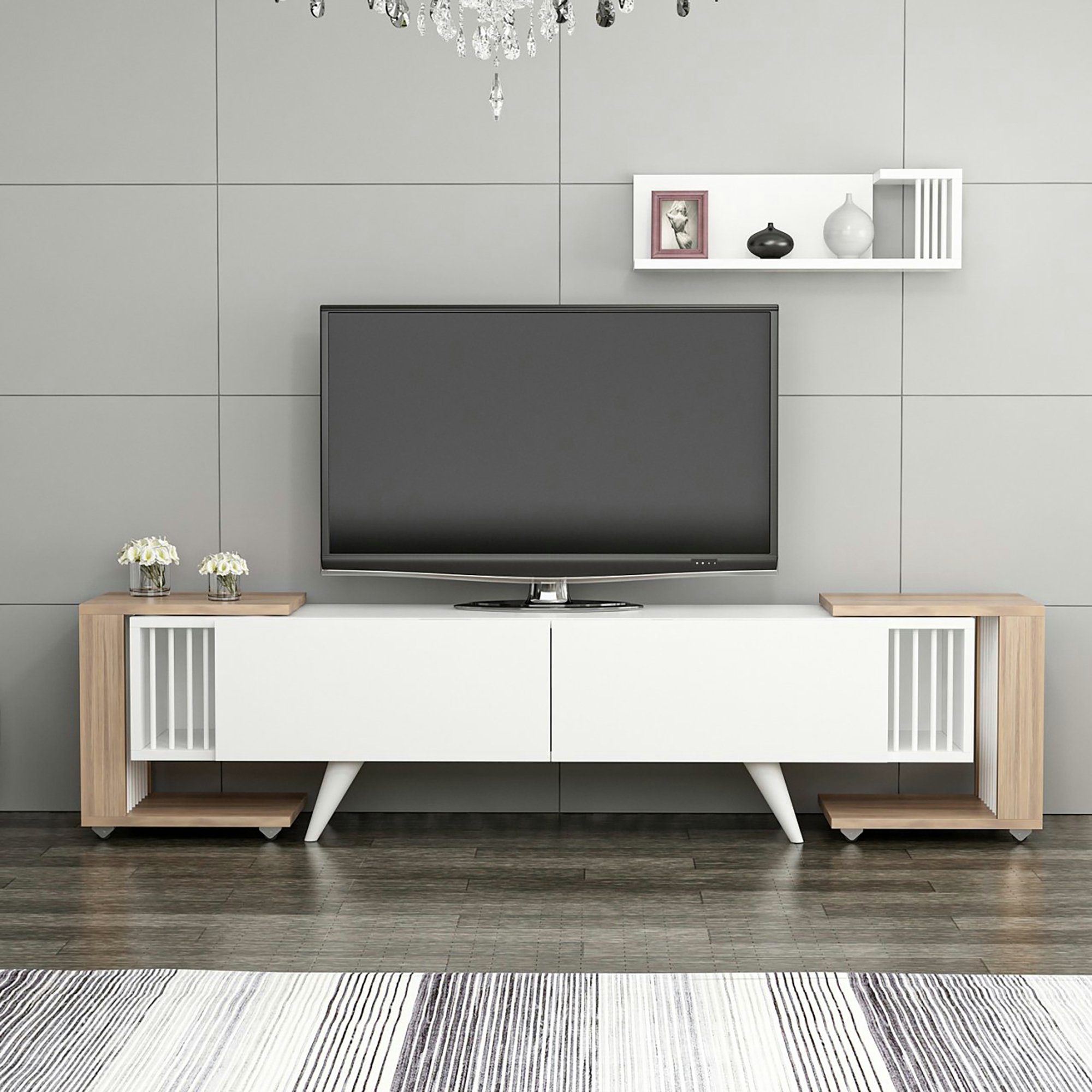 en.casa TV-Schrank Glostrup TV Board 41 x 150 x 32 cm mit 2 Beistelltischen Weiß / Eiche