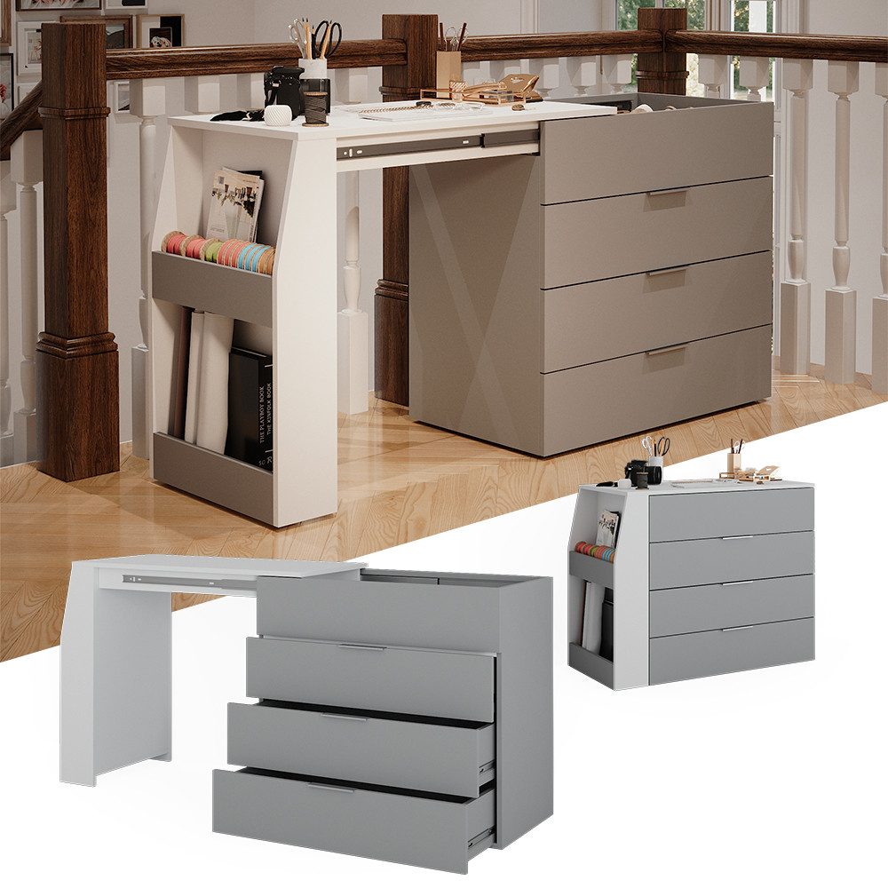 Vicco Schreibtisch Iva, Grau, 95.5 x 80 cm ausklappbar, 4 Schubladen günstig online kaufen