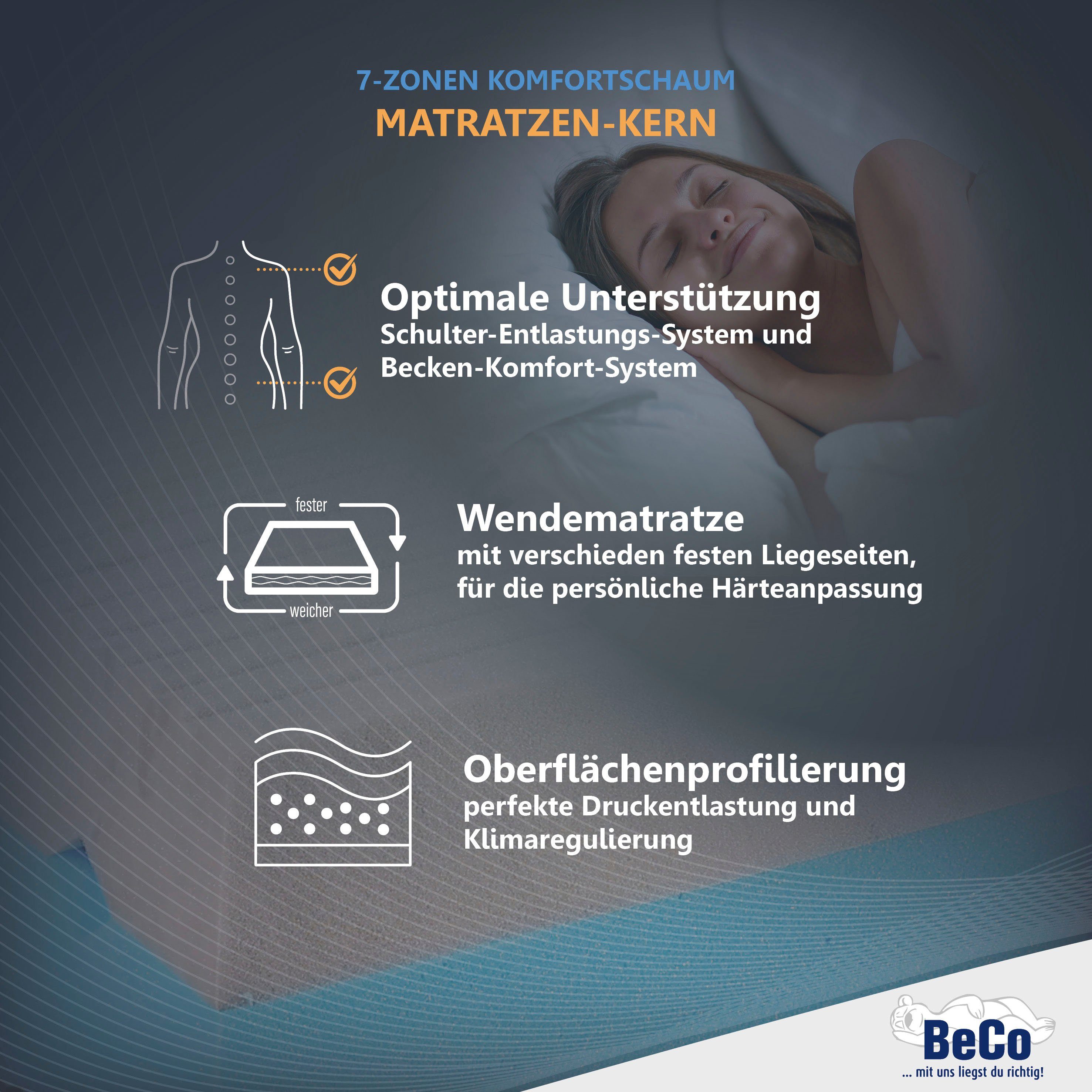 Komfortschaummatratze 2 Dreams, Wendematratze mit 2 unterschiedlich festen Liegeseiten, Beco, 21 cm hoch, Matratze in 90x200 cm und weiteren Größen, mit Gelschaumeinlagen