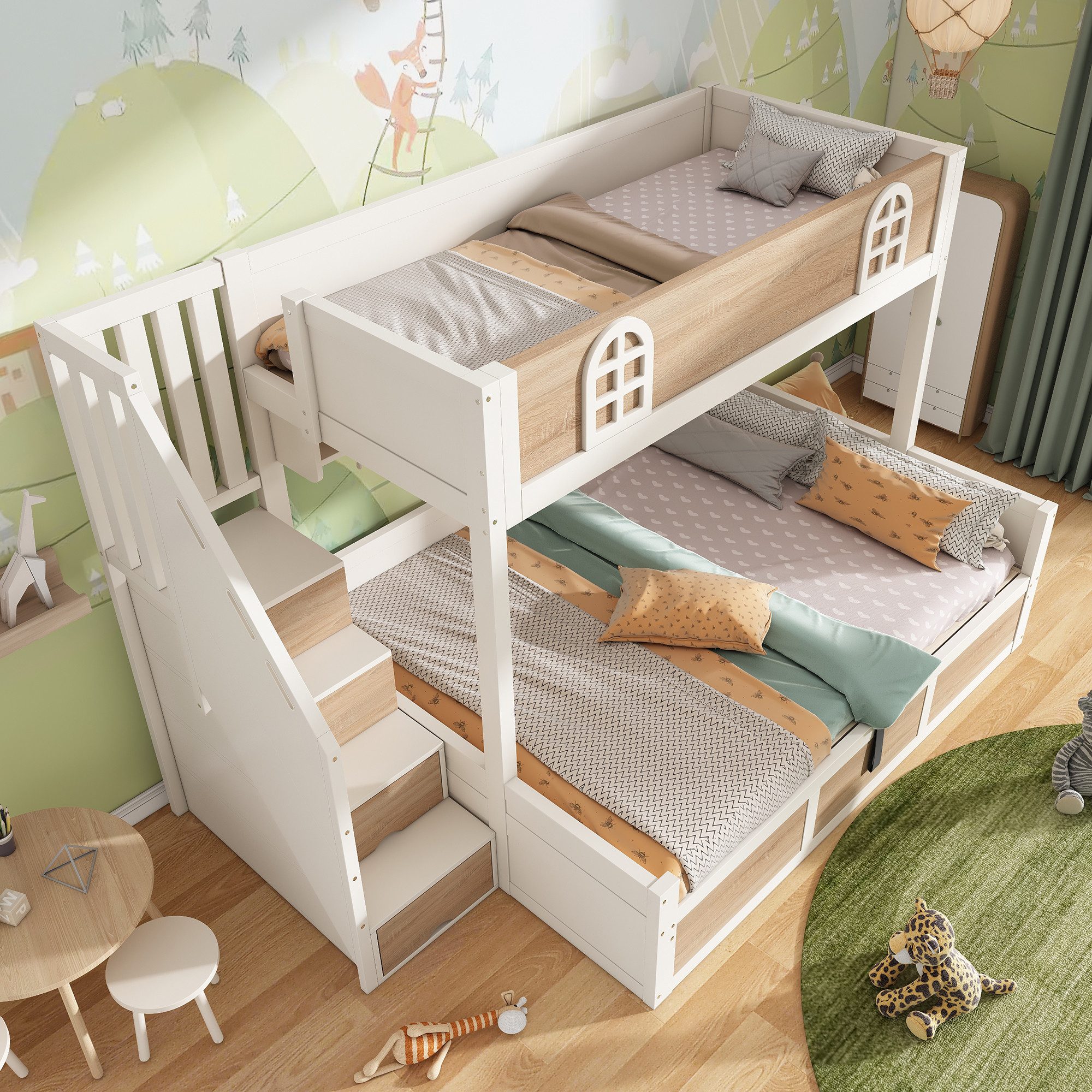 MODFU Hochbett Sicheres Etagenbett mit Rausfallschutz & Treppenschrank (Etagenbett, 1-St., Aus robustem Holz für ein stabiles und langlebiges Kinderzimmer) Zwei Einzelbetten à 90/140x200 cm, inkl. Lattenroste(ohne Matratze)