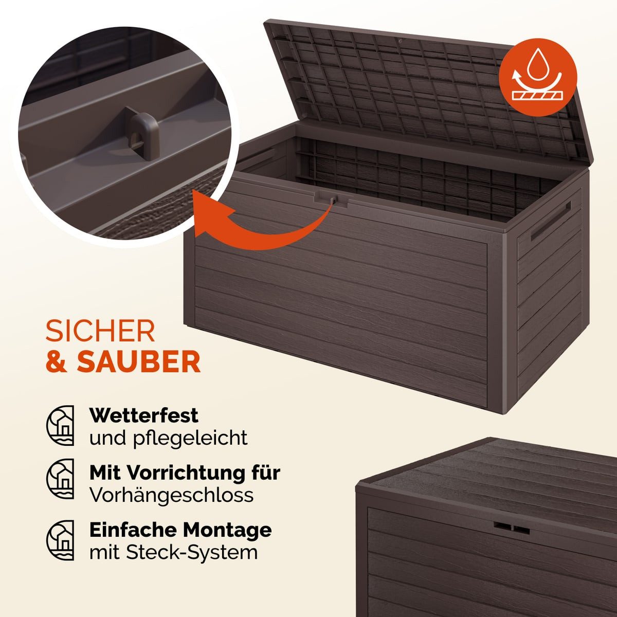 Casaria Auflagenbox Woody, 280L UV-beständig Griffmulden Verschließbar Balkon Holz-Optik Braun