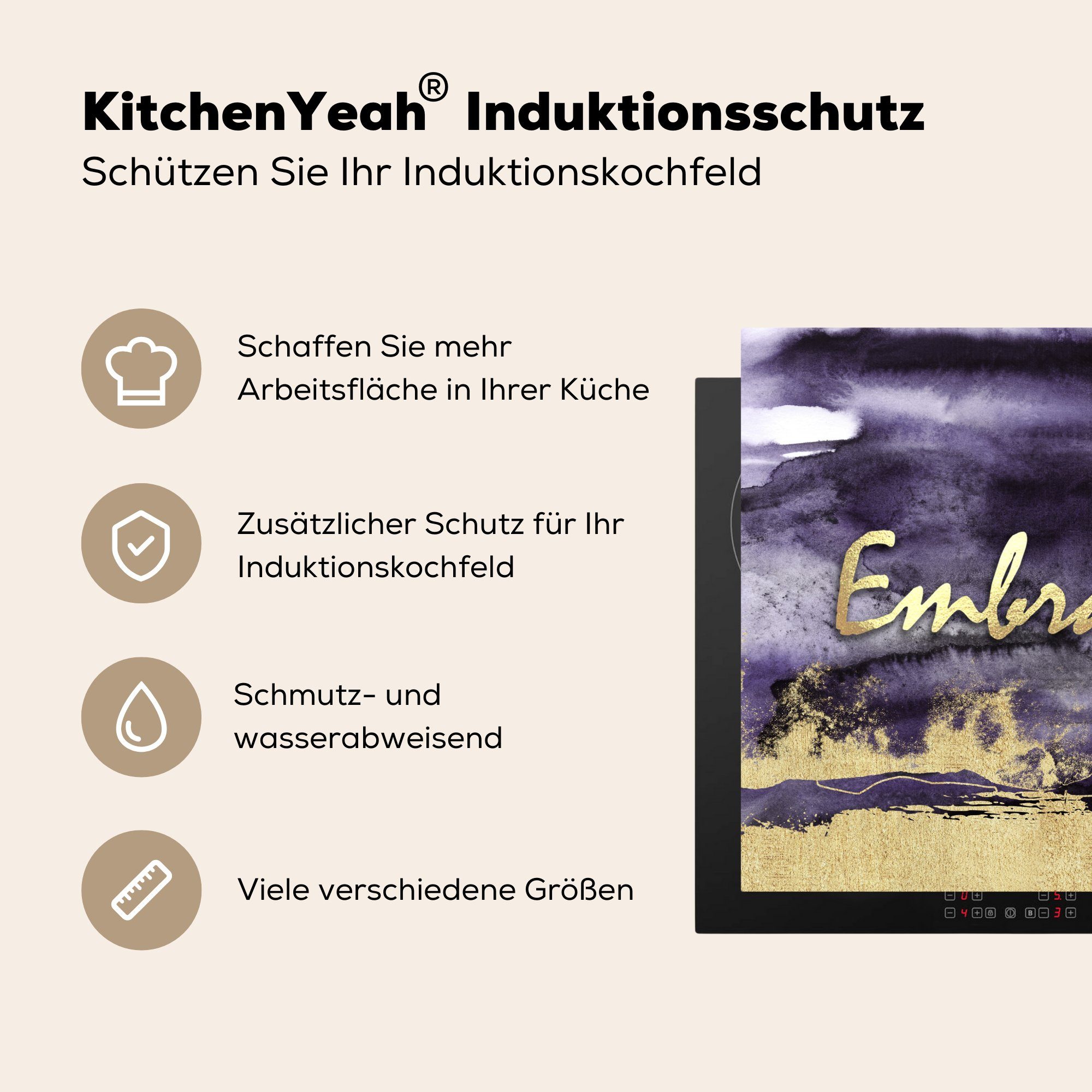 cm, - 78x78 Zitat Ceranfeldabdeckung, MuchoWow tlg), Vinyl, Stofftier Herdblende-/Abdeckplatte - Lila küche Gold, - für (1 Arbeitsplatte