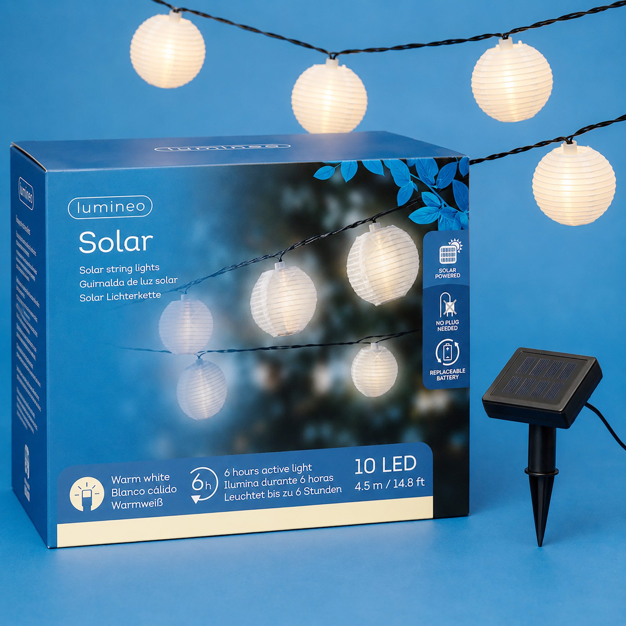 Lumineo LED-Girlande, LED Solar Lichterkette Outdoor Lampions Nylon 4,5m Warmweiß