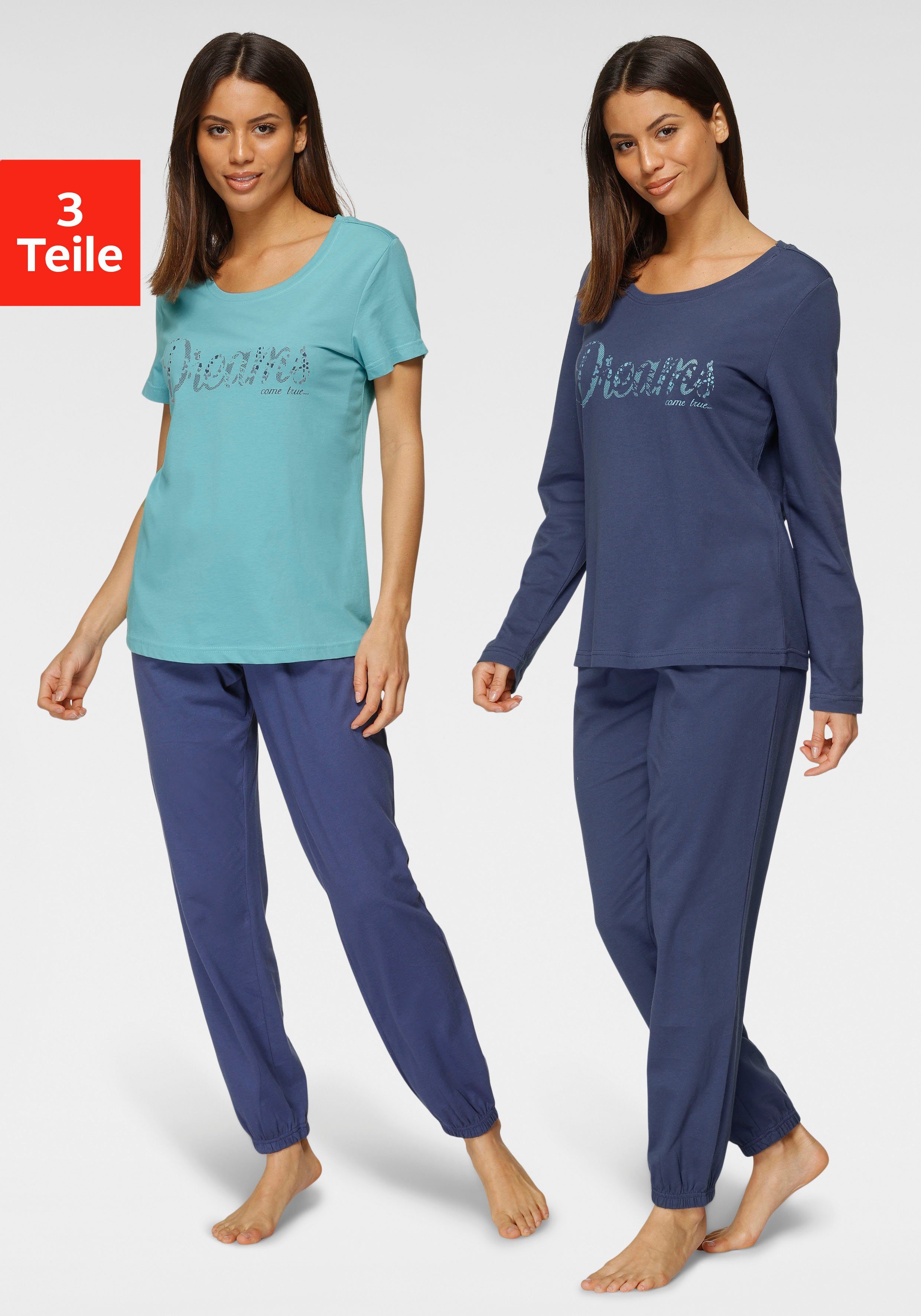 Vivance Dreams Pyjama dunkelblau tlg) Frontschriftzug 3 blau, mit (Set