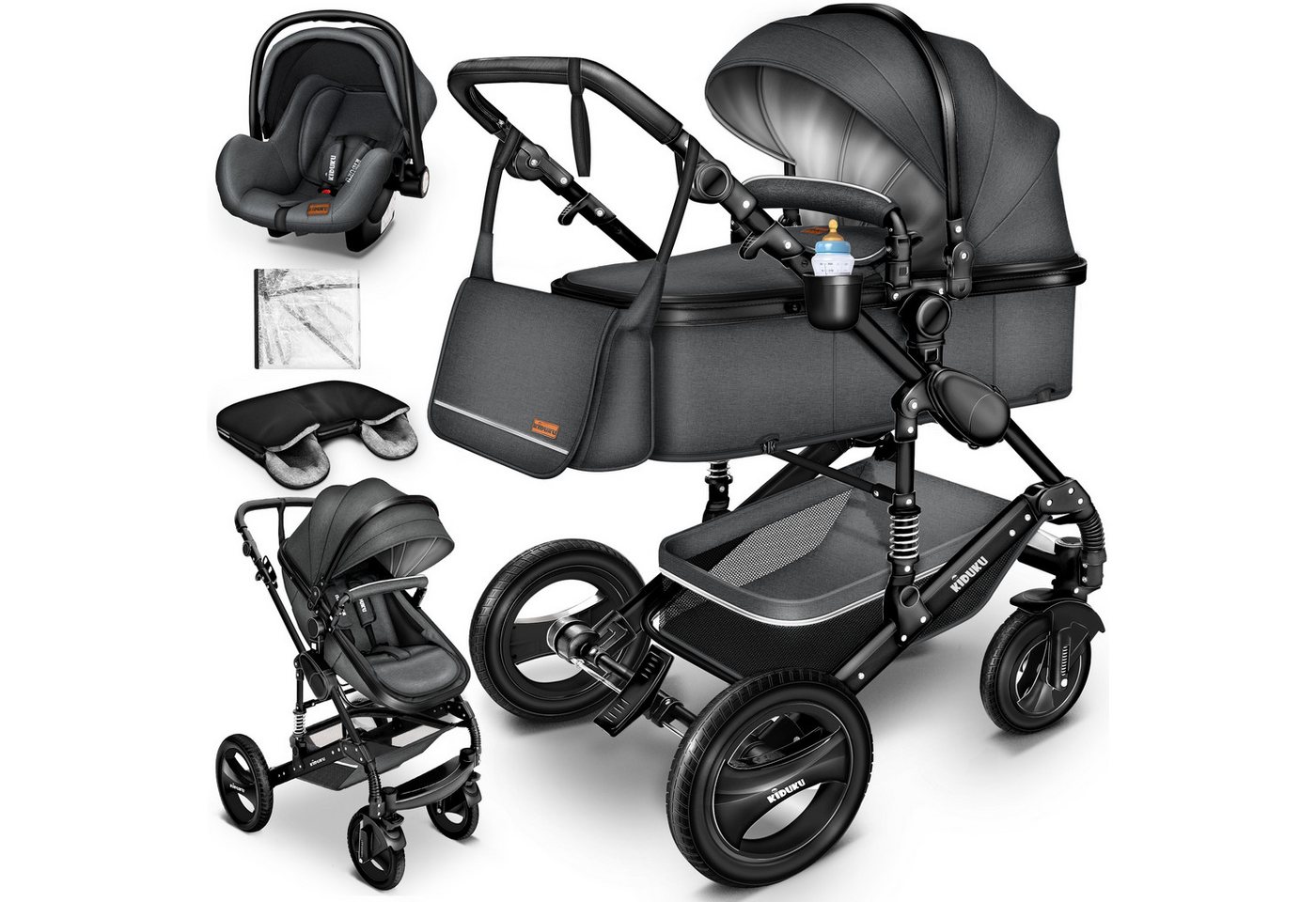 KIDUKU Kombi-Kinderwagen KIDUKU® 3 in 1 Kombi-Kinderwagen Buggy Reisebuggy inkl. Auto- Babyscha, Kindertisch