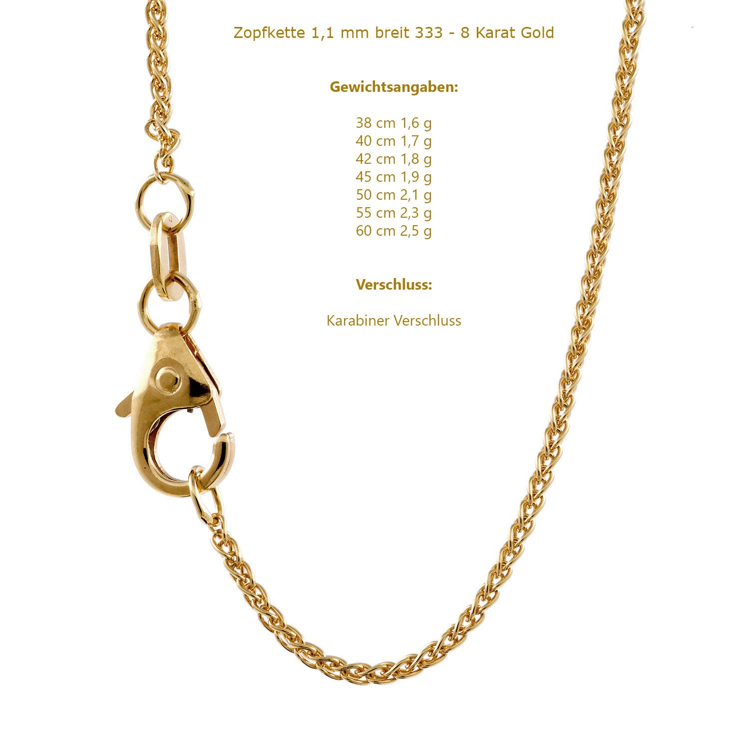 HOPLO Goldkette Goldkette Zopfkette 333 - 8 Karat Gold 1,1 mm - 38 cm, Made günstig online kaufen