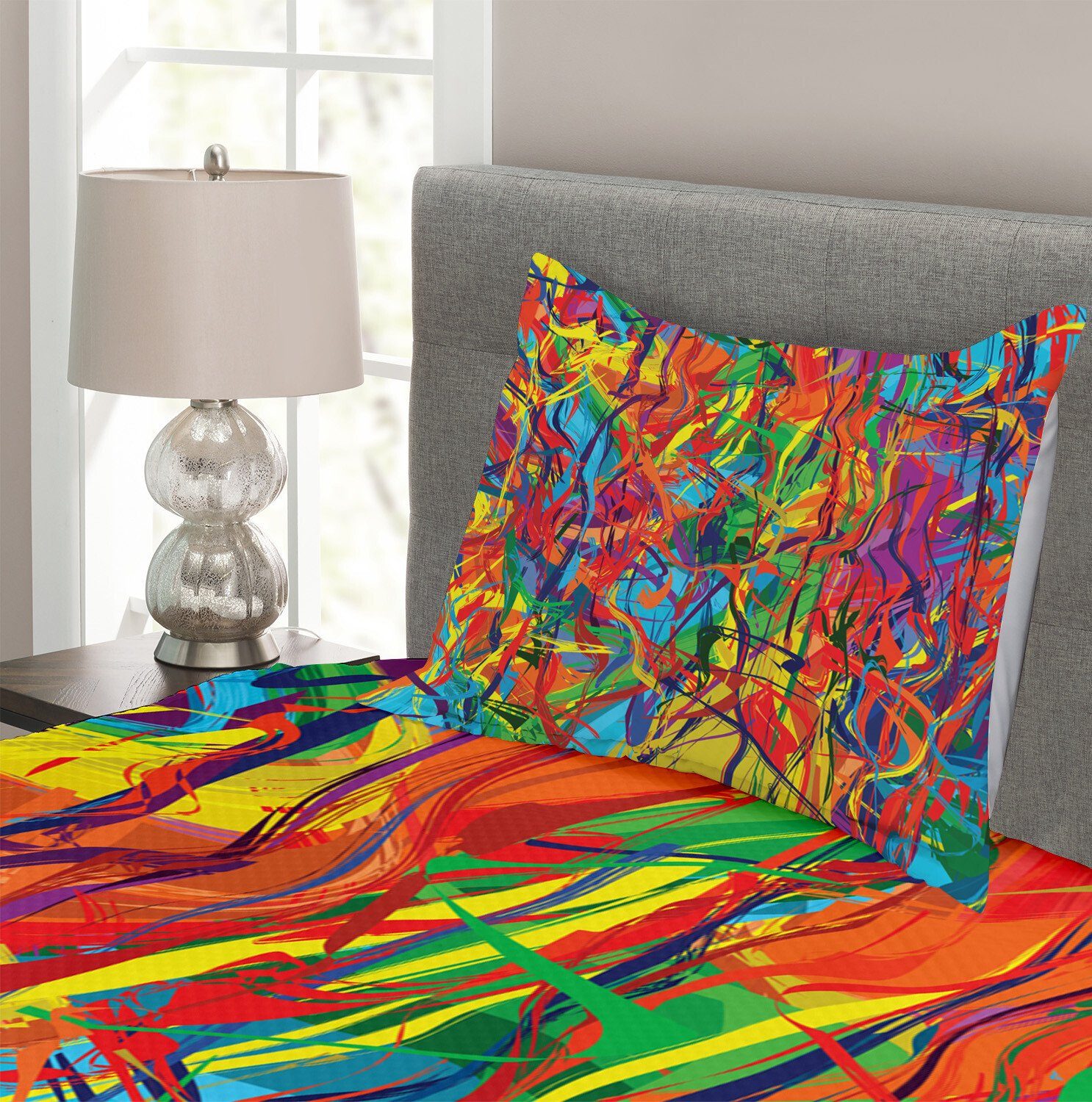 Modern Circled Regenbogen-Muster mit Tagesdecke Waschbar, Abakuhaus, Kissenbezügen Set