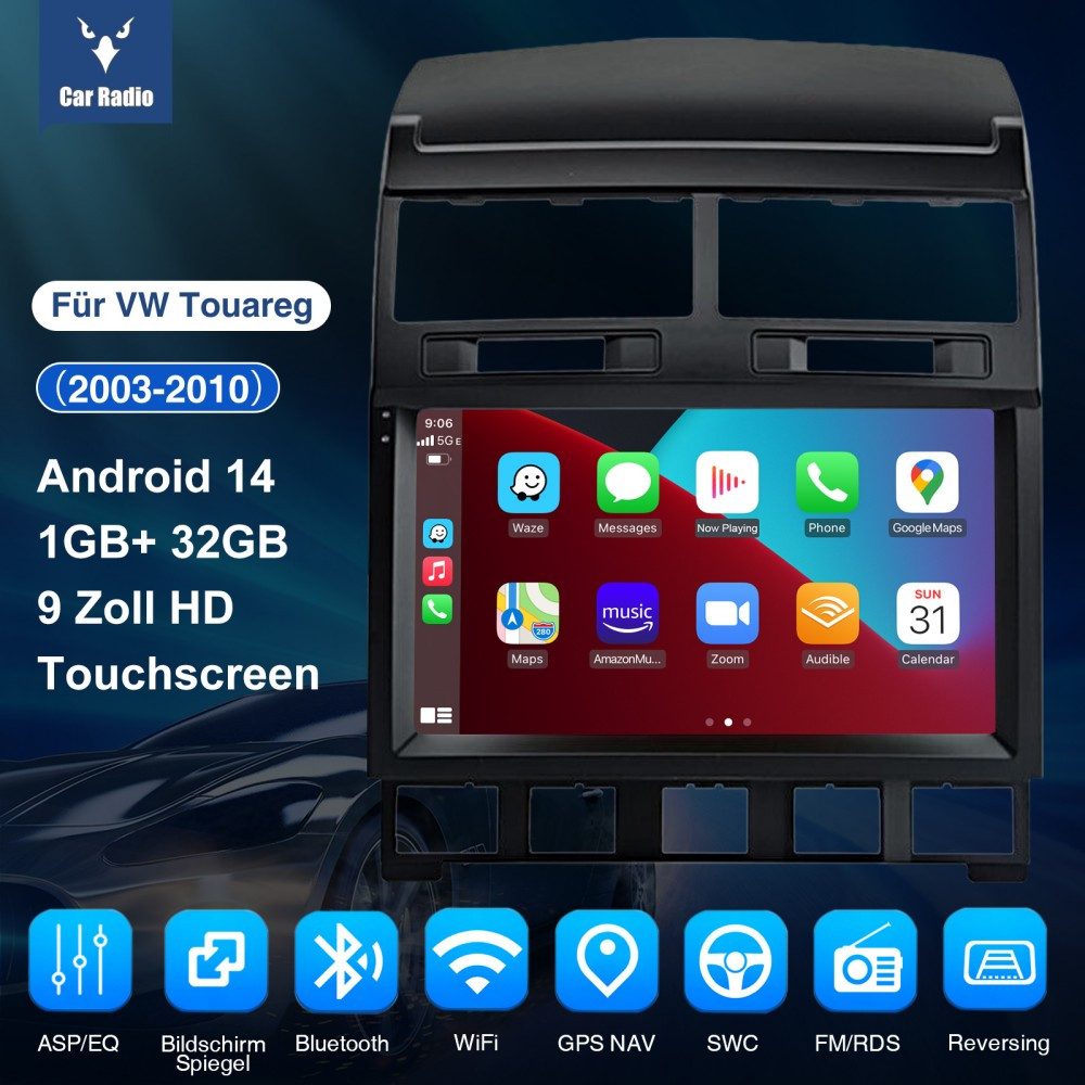 ESSGOO 9'' Autoradio Mit GPS Android 15 und CarPlay für VW Touareg 2003–2010 Autoradio (RDS, 4+64GB(optional), Digitalradio (DAB), FM, AM, Carplay Android Auto Bluetooth EQ USB GPS Navi WIFI Touchscreen)