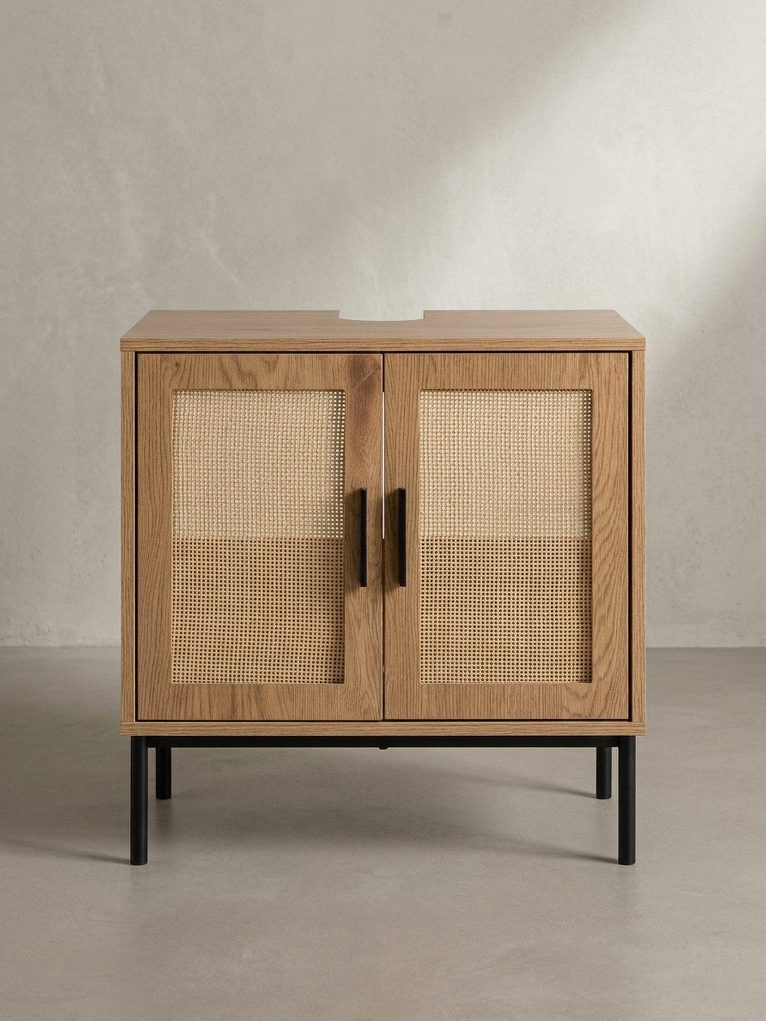 KADIMA DESIGN Waschbeckenunterschrank Waschbeckenunterschrank Eiche-Optik 60x60x40 cm mit Türen, (Badschrank Midischrank Klein Waschtisch) Badezimmerschrank mit Rattangeflecht, Unterschrank Stehend