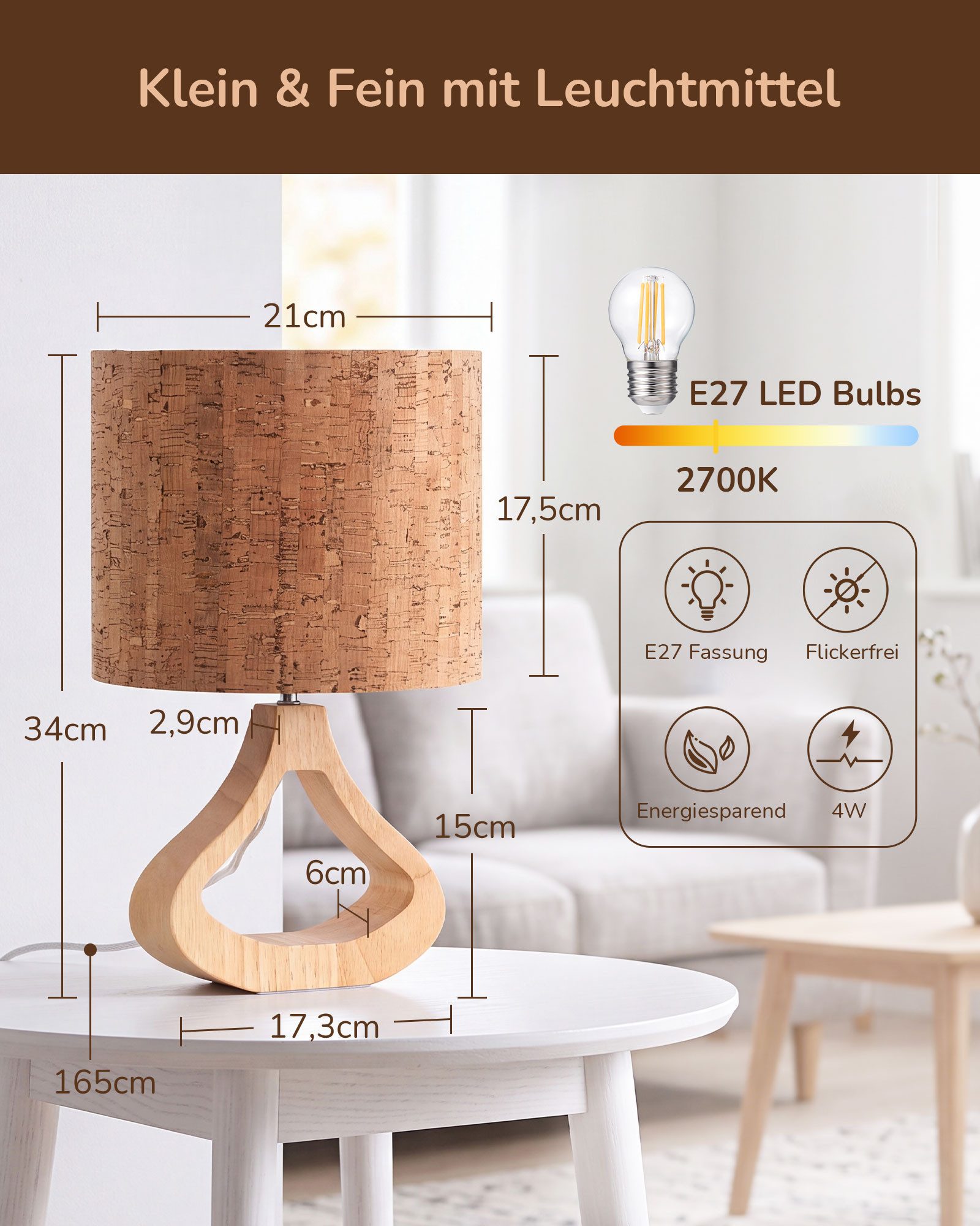 EDISHINE Nachttischlampe Höch 34cm Holz, Holzdeko, LED wechselbar, warmweiß, Lampe mit Ein-/Ausschalter, E27 Fassung mit 2700K LED-Glühbirne – Bild 5 von 5